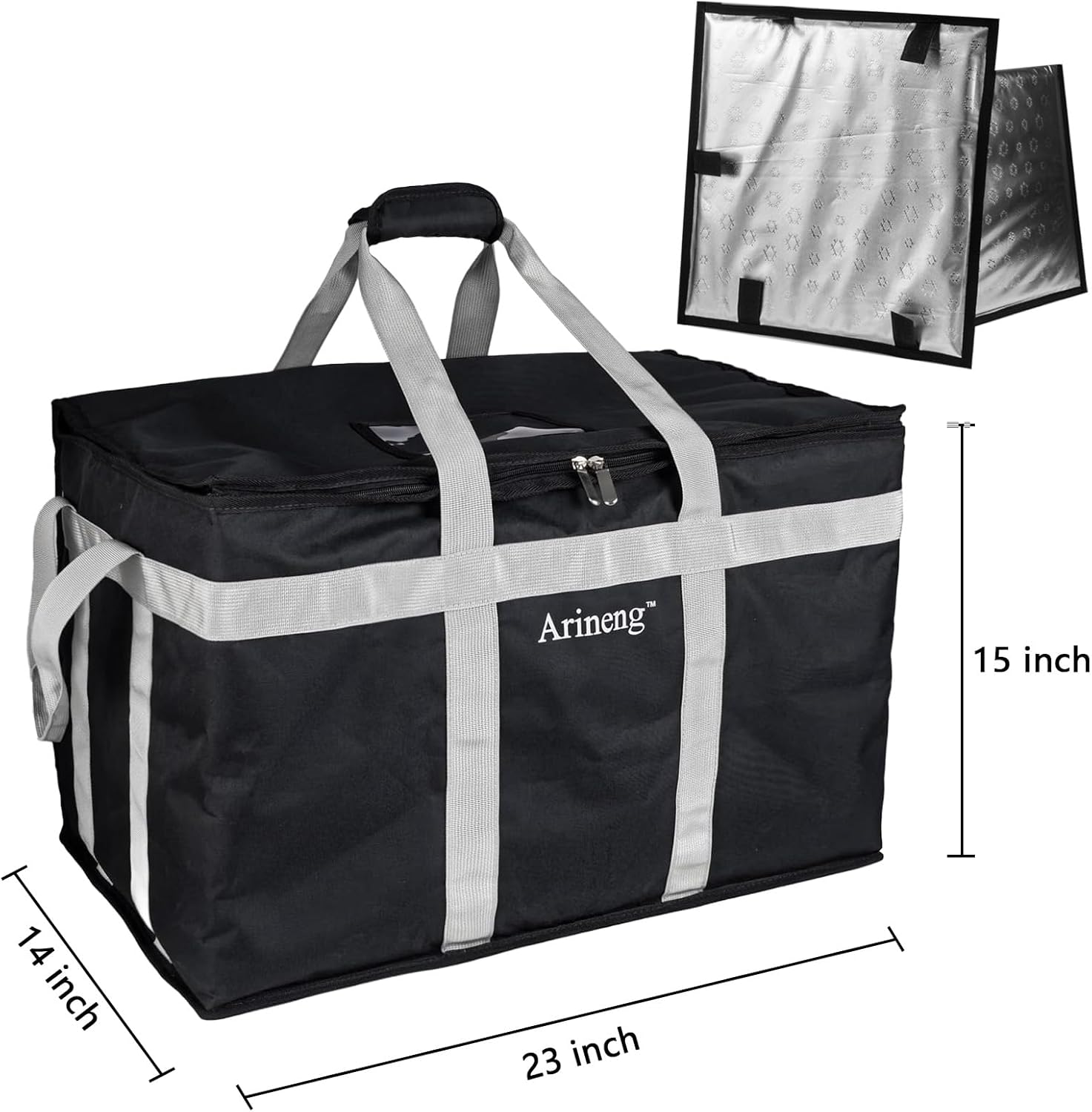 Food Delivery Insulated Bag, Insulated Cold Meal Bag, Built-in Base Plate, For Hot and Cold Food Takeout, Commercial Catering Transportation - 23 * 14 * 15 inches (Partitioned, Black)