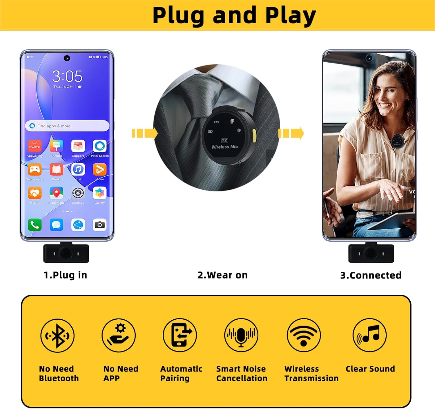 KozyOne Magnetic Wireless Lavalier Microphone, 164ft Range, 40H Usage Time for Android & iPhone 15 with Type-C/USB-C Port, Noise Cancellation and Reverb Sound Effect, Pack of 2
