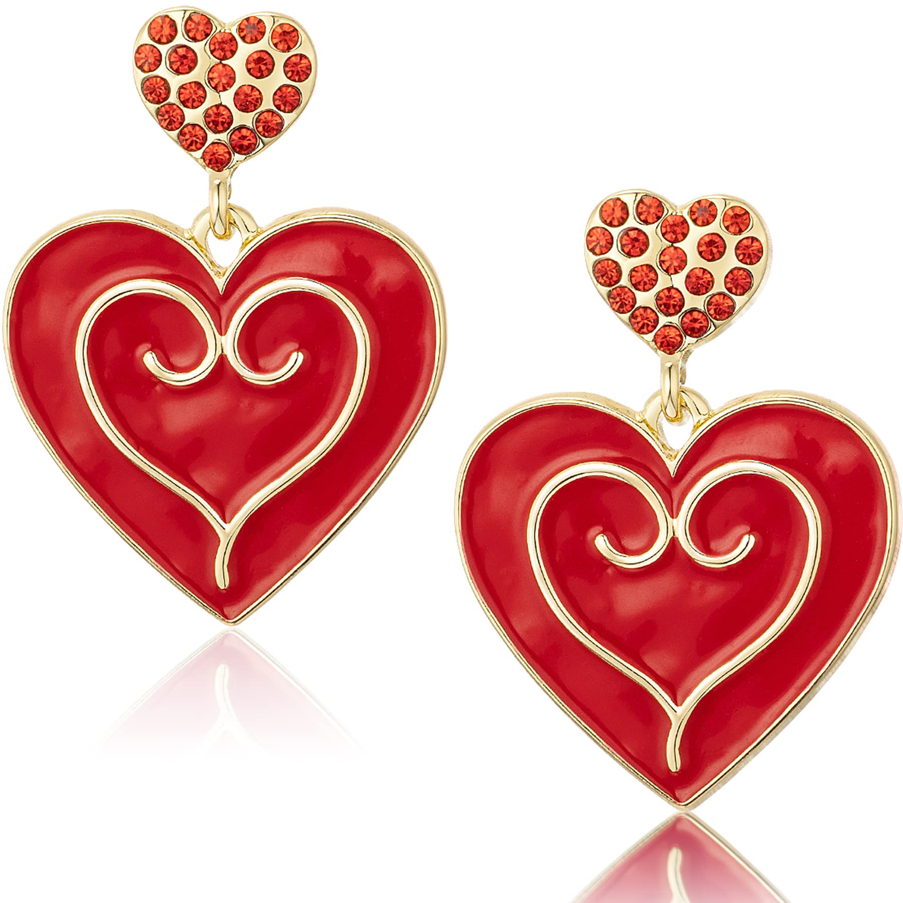 MADAOGORed Heart Earrings for Women, Double Heart Dangle Earrings with CZ Stones, Valentine‘s Day Earrings, Big Heart Earrings Red