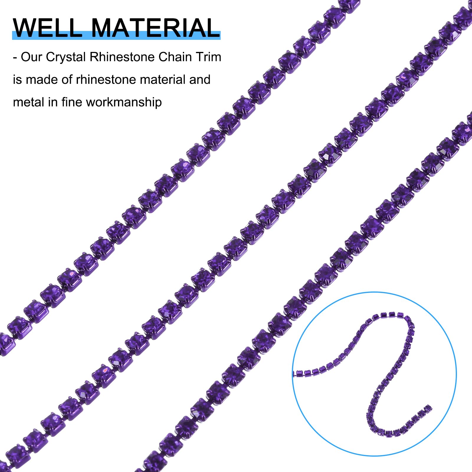 QUARKZMAN 10 Yarda Cristal Diamante Imitación Cadena, 3.0mm Coser en Cierre Garra Cadena Recorte para Joyería Bricolaje, Ropa, Bolsos, Decoración Zapatos, Púrpura Intenso, 1rollo