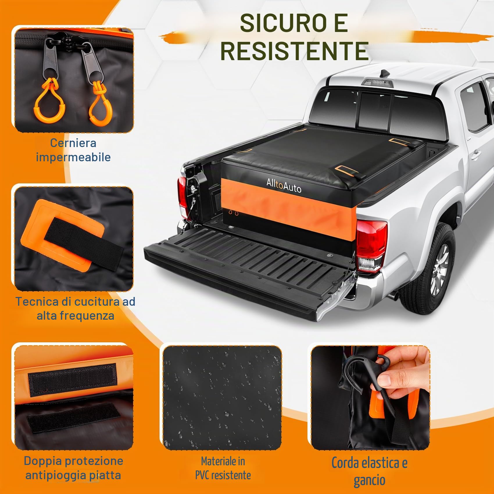 Borsa da carico per camion XL, 100% impermeabile 600D resistente, adatta a qualsiasi camion (158 x 122 x 55 cm) 35 piedi cubi, semplice e comoda da installare | PVC resistente 600D con cuciture incollate a caldo e cerniera su 3 lati con 4 corde elastiche,