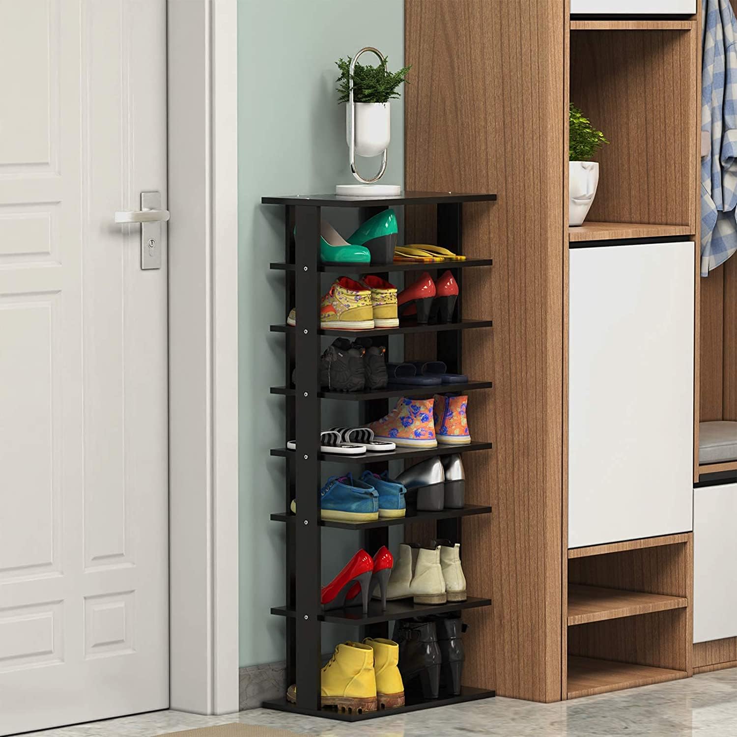 Squareful 7-Tier Wooden Shoe Rack, Modern Vertical Shoe Organizer, Multifunctional Shoe Tower Storage Stand, Space Saving Shelves for entryway, Bedroom, Hallway (Black, Large)