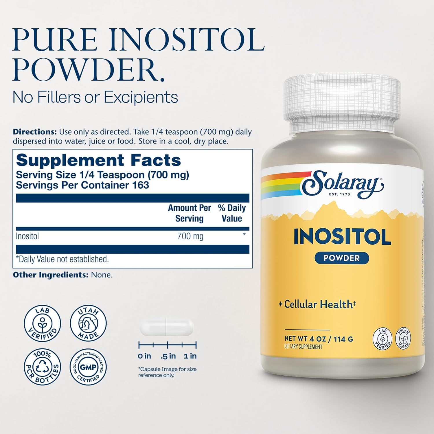 SOLARAY Pure Inositol Powder - Cellular Health Support - Vegan, Lab Verified - 163 Servings, 4 OZ (4oz, 162 Serv.)
