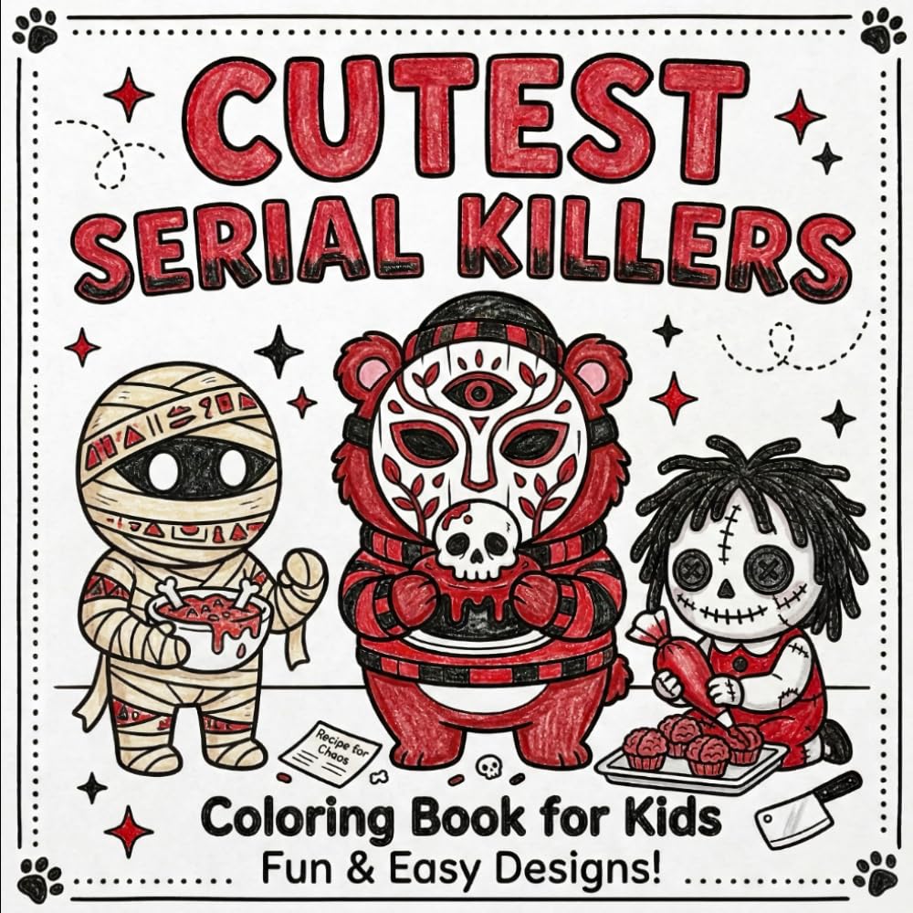 Cutest Serial Killers Coloring Book: Bold & Easy Cute Creepy Characters – Funny Cartoon Monsters, Animals & Silly Villains for Stress Relief and Relaxation For Adults and Kids