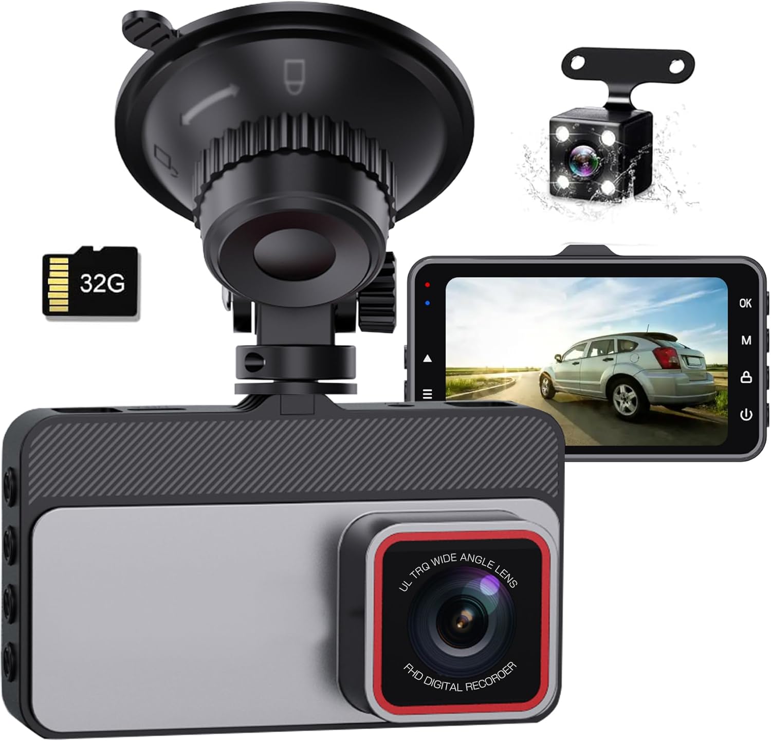 車用 ドライブレコーダー 前後2カメラ ドラレコ 小型 ドラレコ 300万画素 1296P 170度超広角 32GBカード付き 3インチ液晶画面 HDR/WDR画像補正技術 エンジンON/OFF 自動緊急録画 リバース連動 上書き録画 全国LED信号機対策 高速録画 操作簡単 日本語説明書
