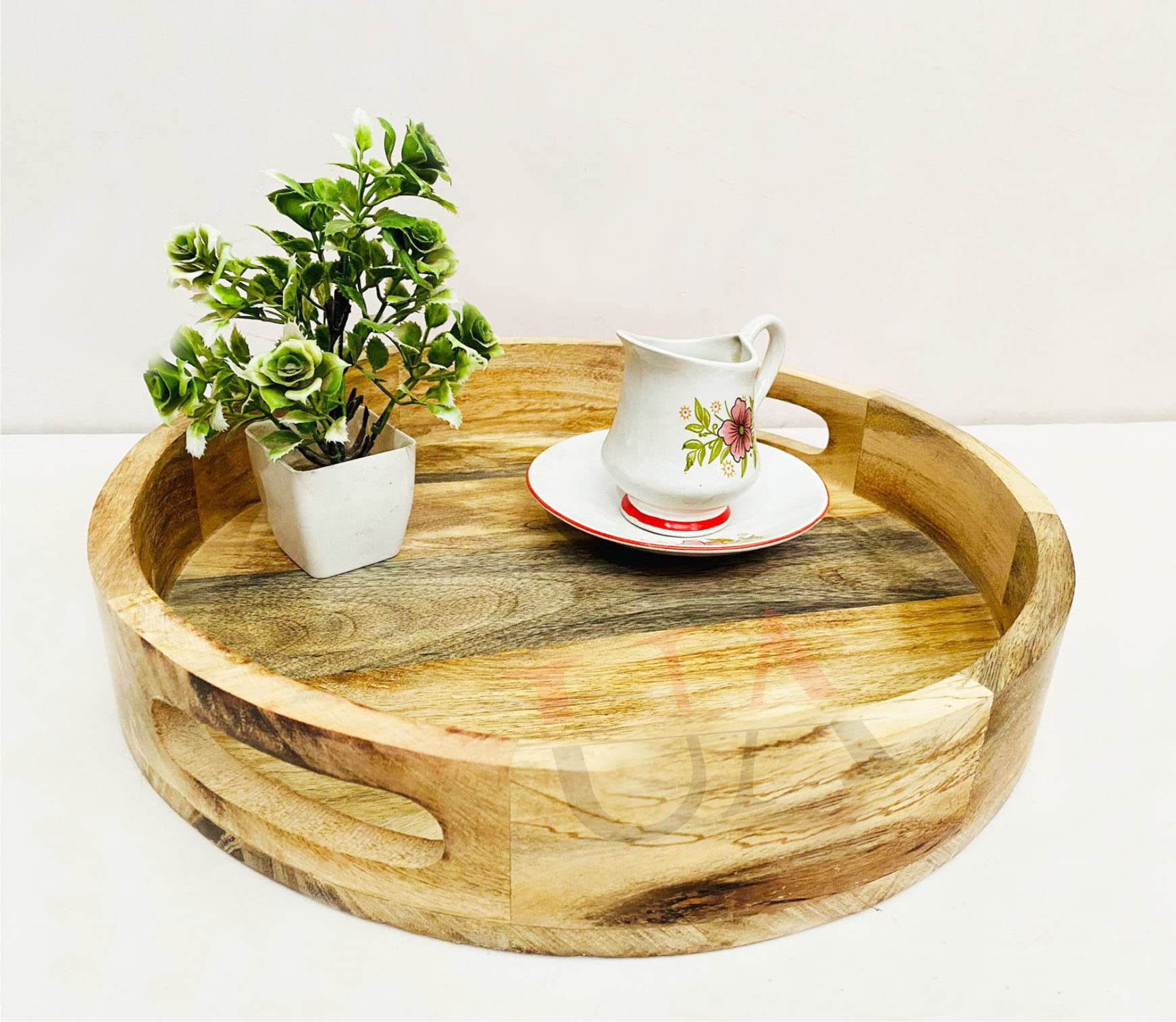 Hamdan Collection Solid Wood Round Tray Handles, Tea & Coffee Table Decorative Serving Tray Food Storage Platters for Serving Beverages & Food For Living Room Home Dining Table(Natural Finish)