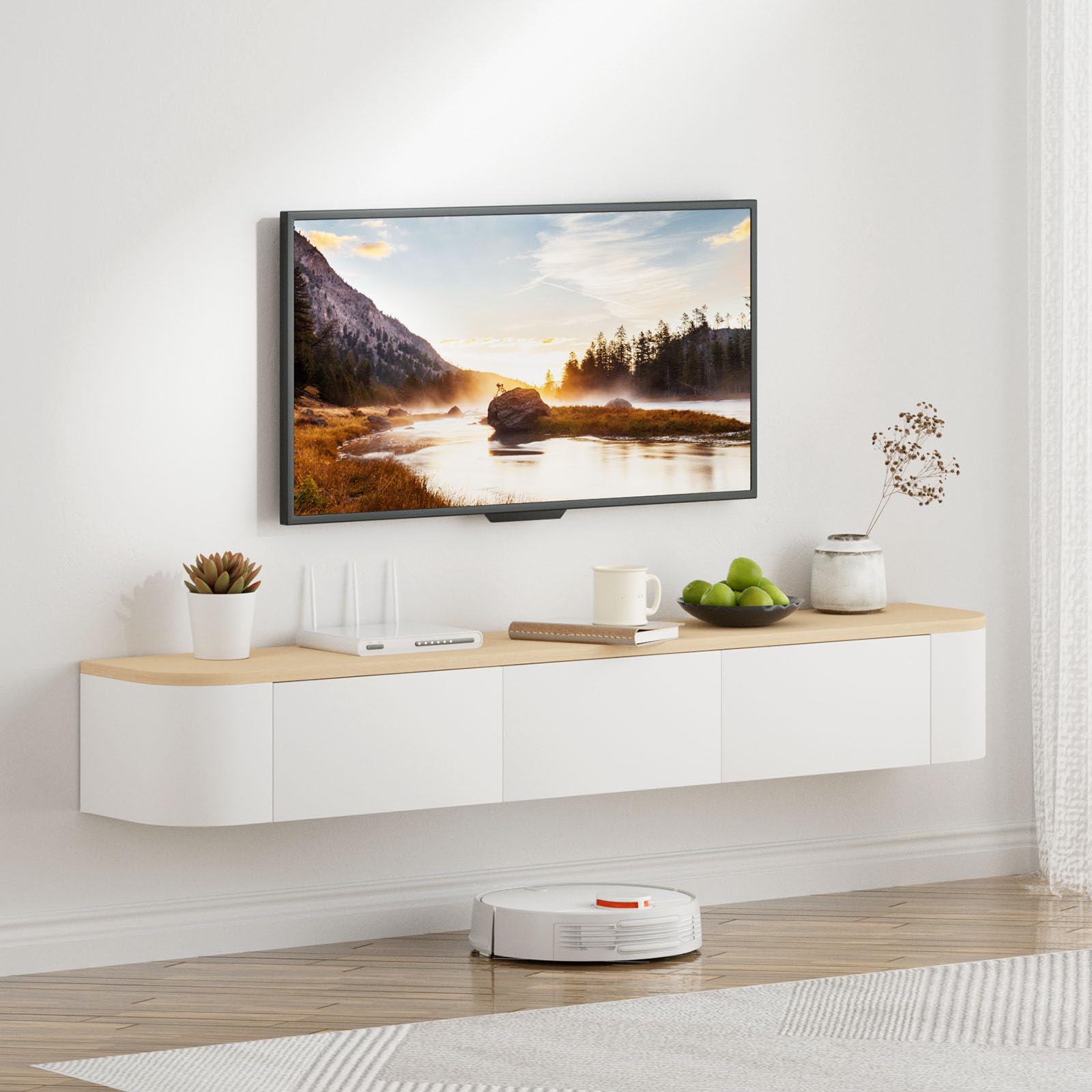 SHGJ&SOFT Floating TV Stand 140CM, Wall Mounted Floating TV Unit, Modern Media Console TV Cabinet with Doors & Large Storage, Rounded Edge Floating TV Units, Living Room Bedroom Office White & Wood