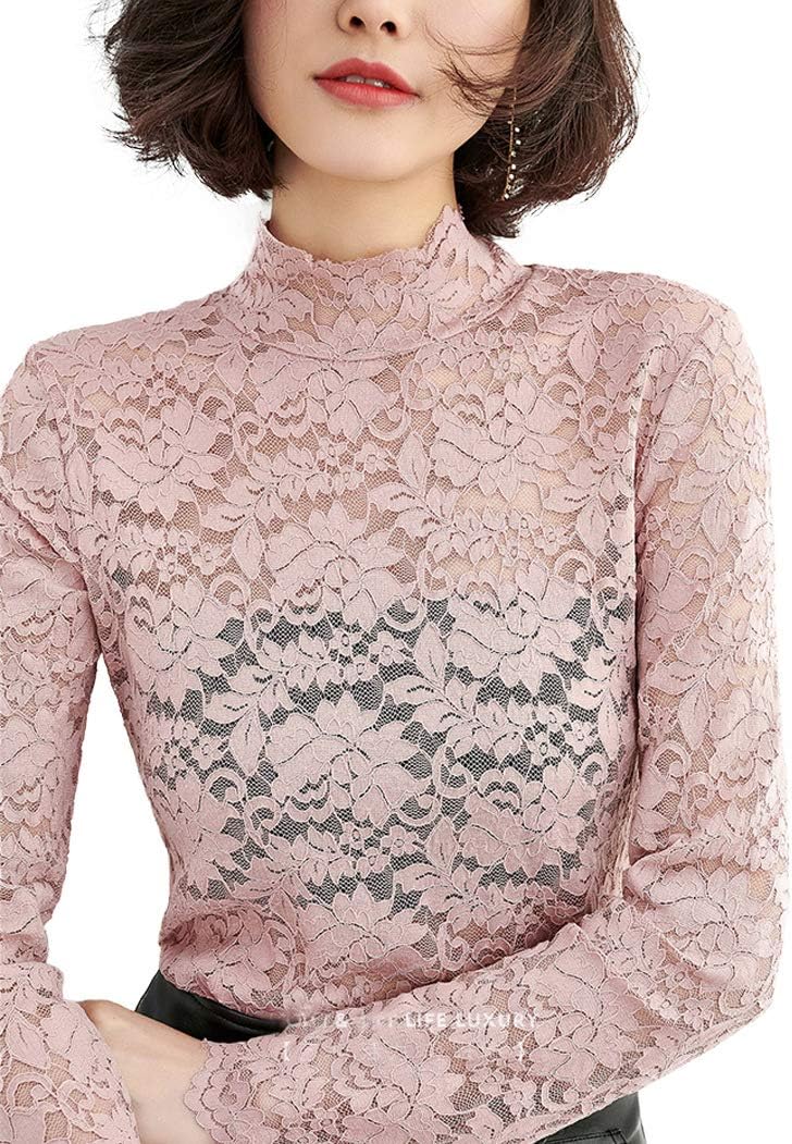 Women's Floral Lace Top Sexy Long Sleeve Mock Neck Casual Shirt Going Out Blouse - Image 6