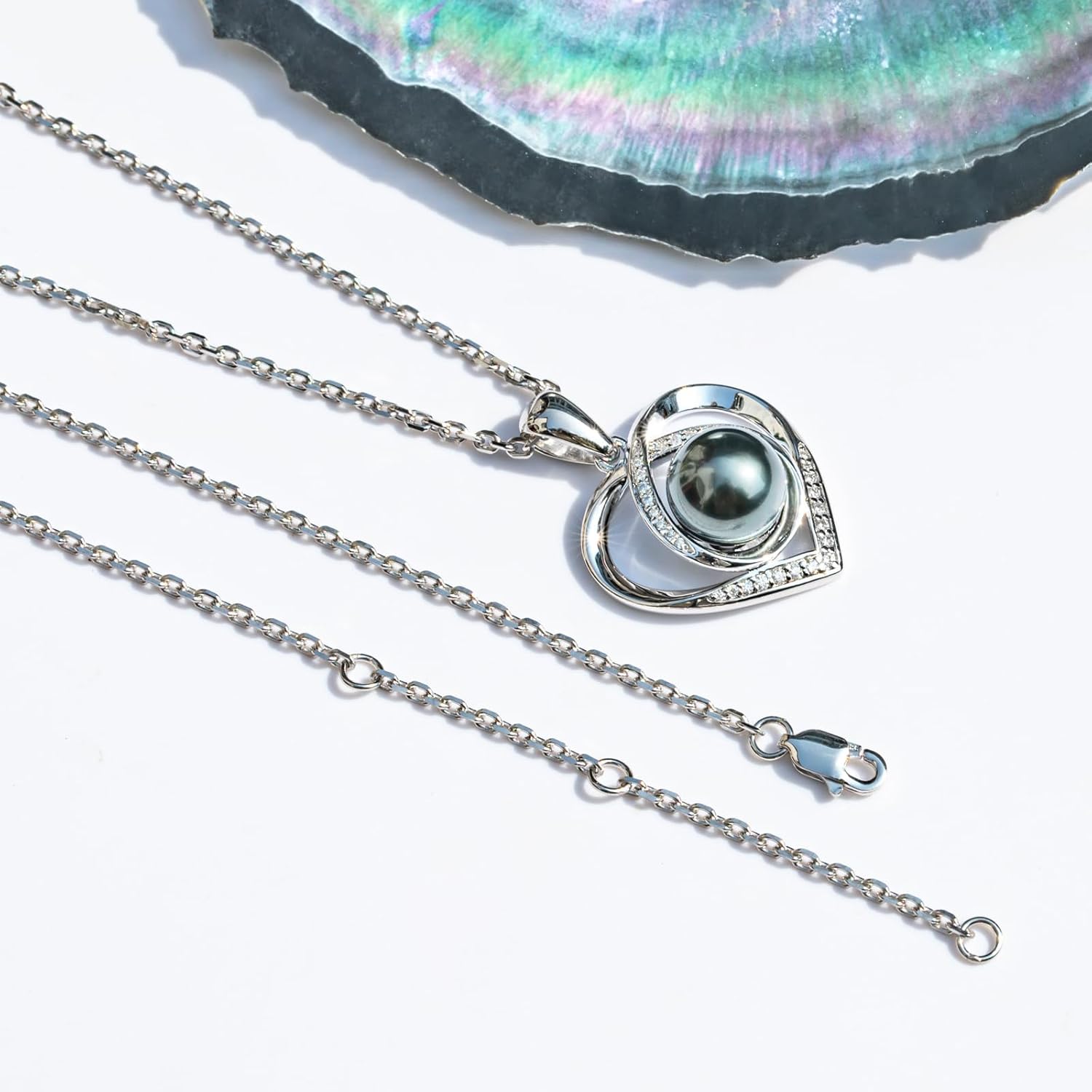 Genuine Tahitian Black Pearl with Moissanite Heart Pendant Necklace, AAA Handselected Black Pearls, D Color Moissanite, 18K White Gold Plated Sterling Silver, 45+2+3mm Adjustable Chain - Image 6