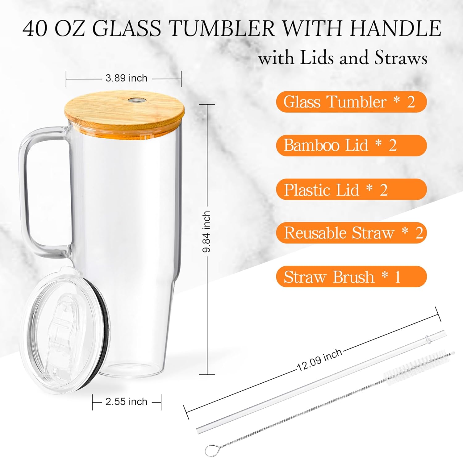 40 oz Glass Cups with Lids and Straws 2 Pack Large Glass Tumbler with Handle Borosilicate Ice Coffee Cups, with Bamboo Lid & Plastic Lid, for Boba, Smoothies, Beer, Juice