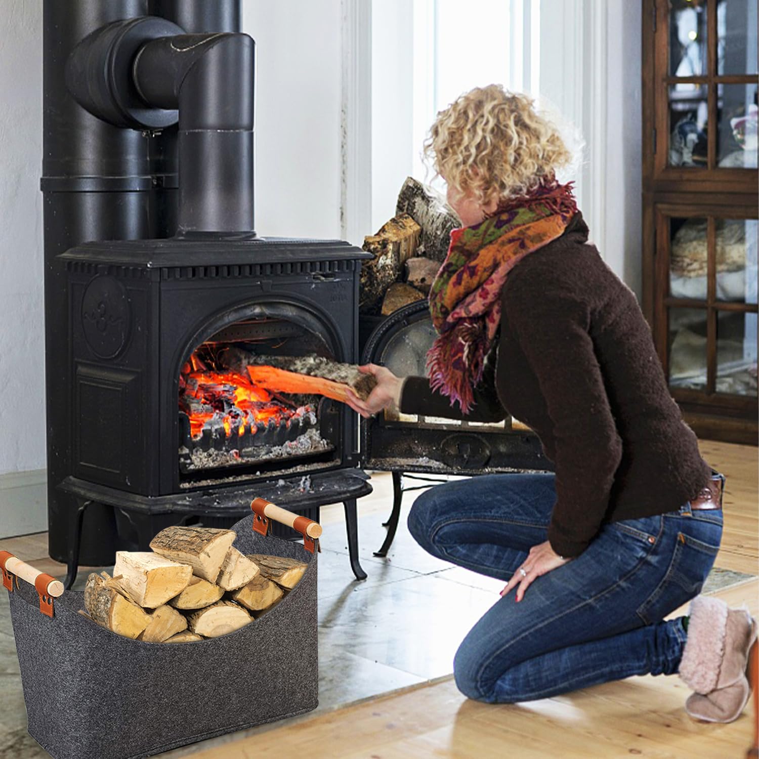 Portalegna In Feltro 50 Cm Per Camino – Borsa Con Manici In Legno E Tasca Laterale, Capiente E Pieghevole Per Interni, Organizzatore Multiuso