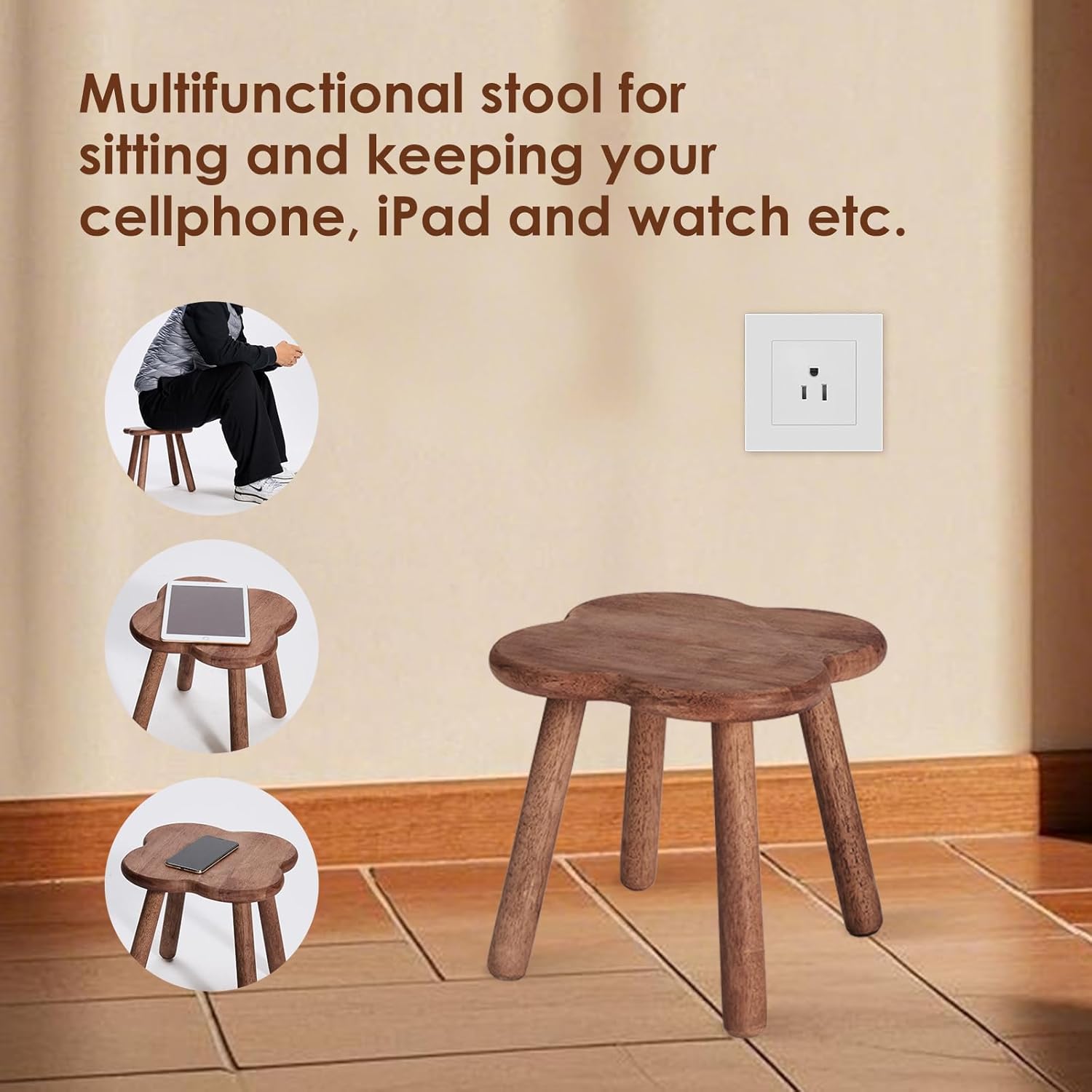 Wooden Step Stool for Adults Upgraded11.6inch Small Wooden Stool with Four Detachable and Assembled Legs for Bathroom, Kitchen, Bedroom, Plant Stand (Natural Solid Wood top and Legs)