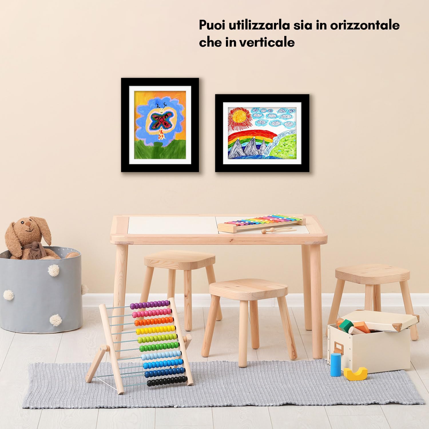 Americanflat Cornice Porta Disegni per Bambini (Nero) - Cornice A4 da Parete con Passepartout e 25,5x32 cm Senza Passepartout - Apertura Frontale con Vetro Infrangibile