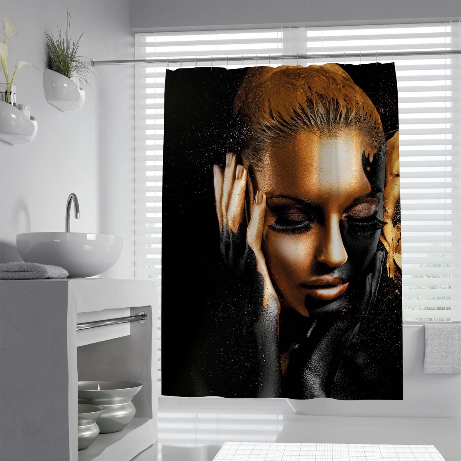 Juegos de Cortinas de Ducha de Mujer afroamericana Cortinas de Ducha Impermeables Negras Que protegen la privacidad para Cortinas de Ducha de apartamento de baño W190xL220cm