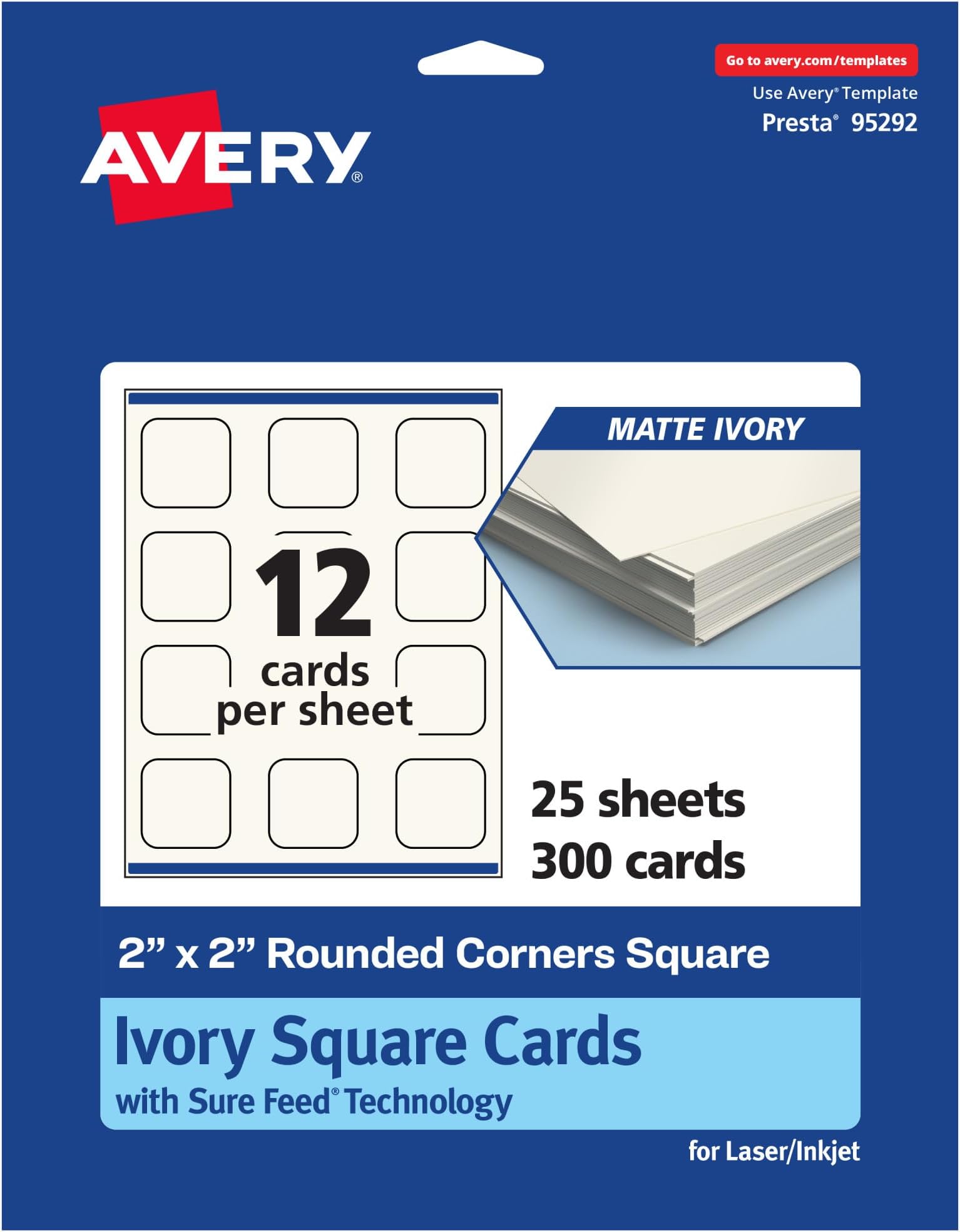 Printable Square Cards with Rounded Corners, Sure Feed Technology, 2" x 2", Matte Ivory Cardstock, Print-To-The-Edge, Laser/Inkjet Printable, 300 Total, Great for Business and Thank You Messages