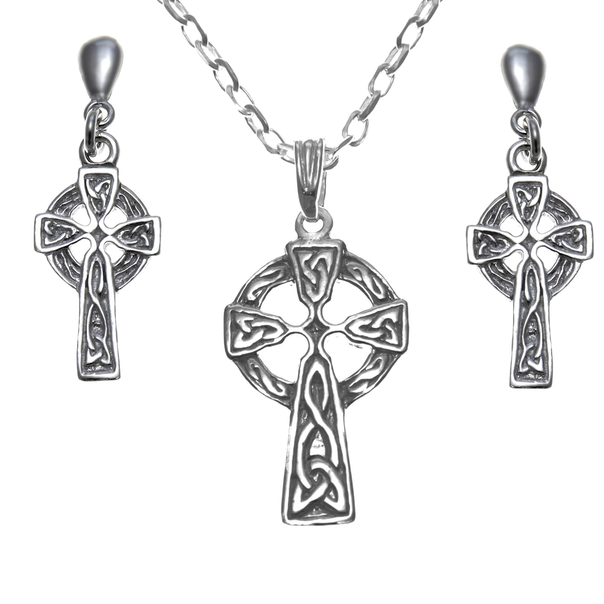 Alexander CastleSterling Silver Celtic Cross Pendant Necklace and Earring Gift Set with Jewellery Gift Box