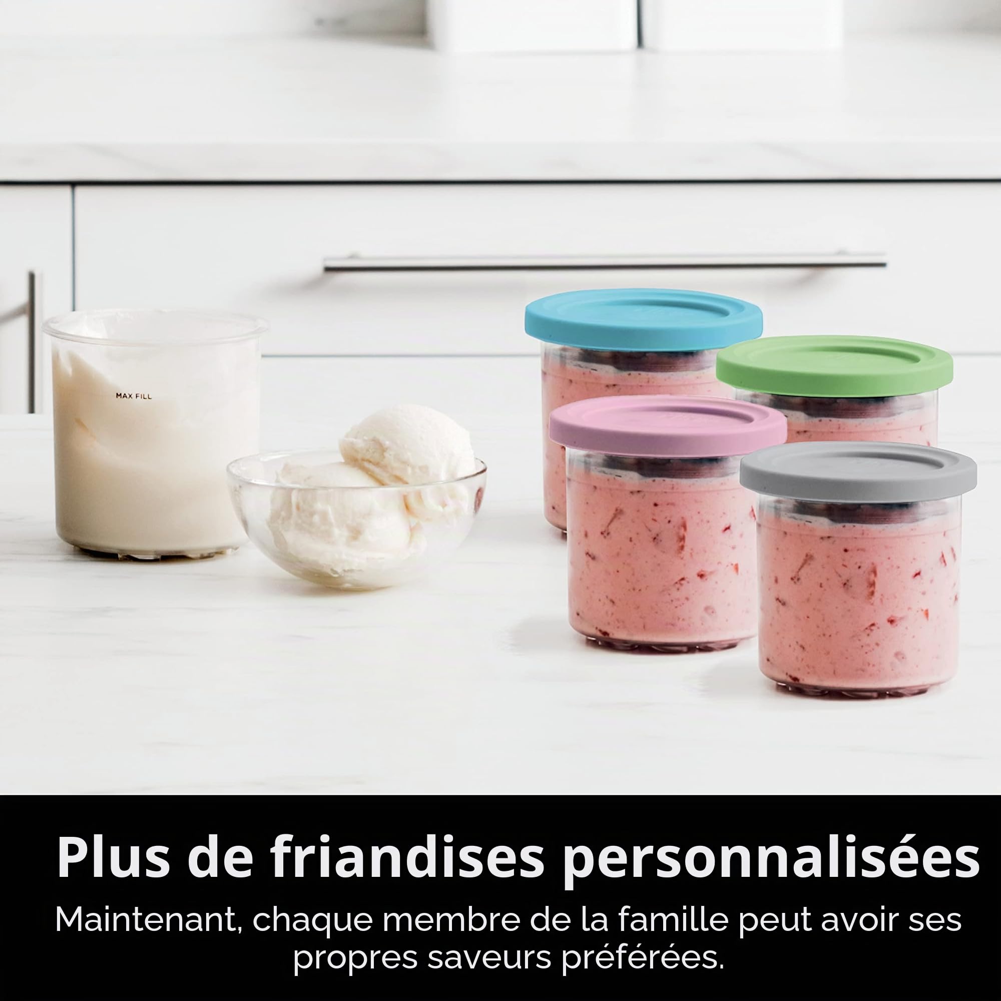 Ninja XSKPLD4BCD Lot de 4 pintes compatibles avec les machines à crème glacée NC299AMZ et NC300s, sans BPA et passent au lave-vaisselle, couvercles colorés, plastique transparent/gris/citron