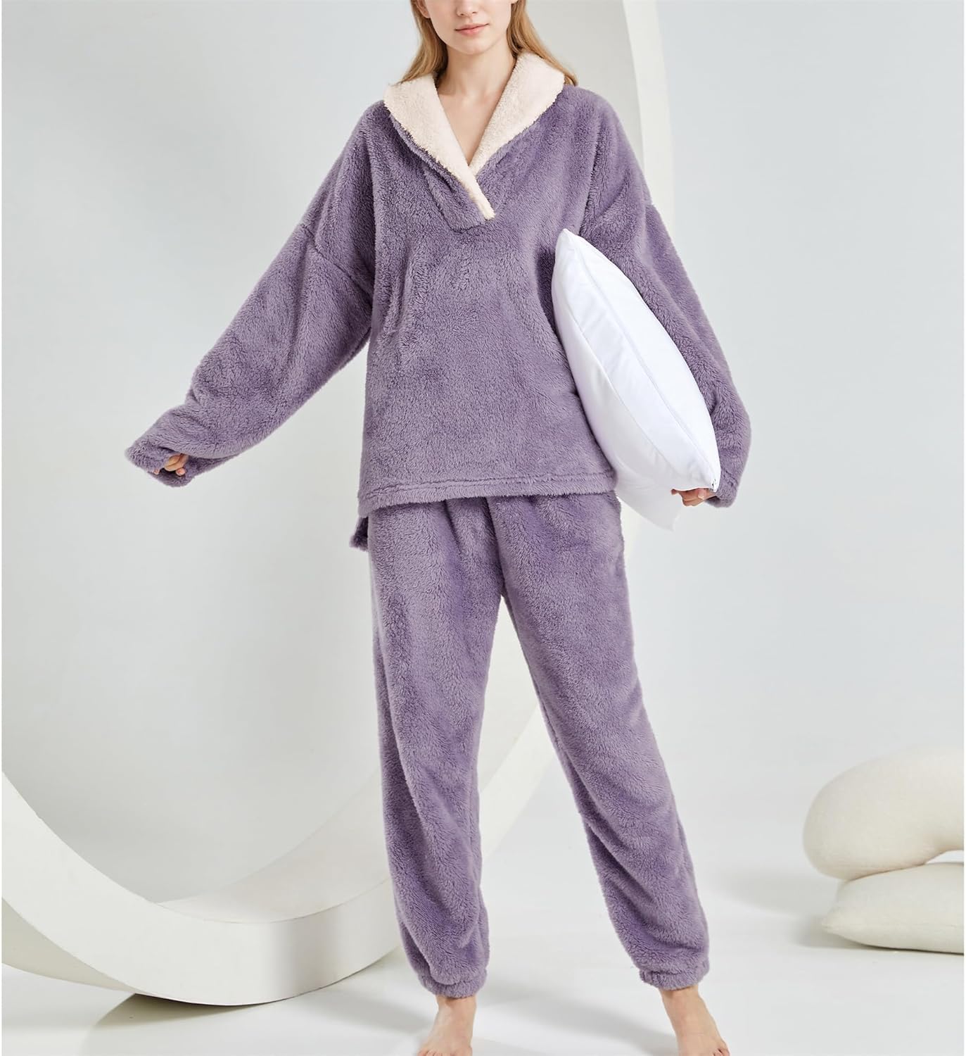 Womens Fluffy Pajamas Set Fleece Pullover Pants Oversized Plush Sleepwear Cozy Fuzzy Loungewear Loose Warm Pjs Sets - Image 7