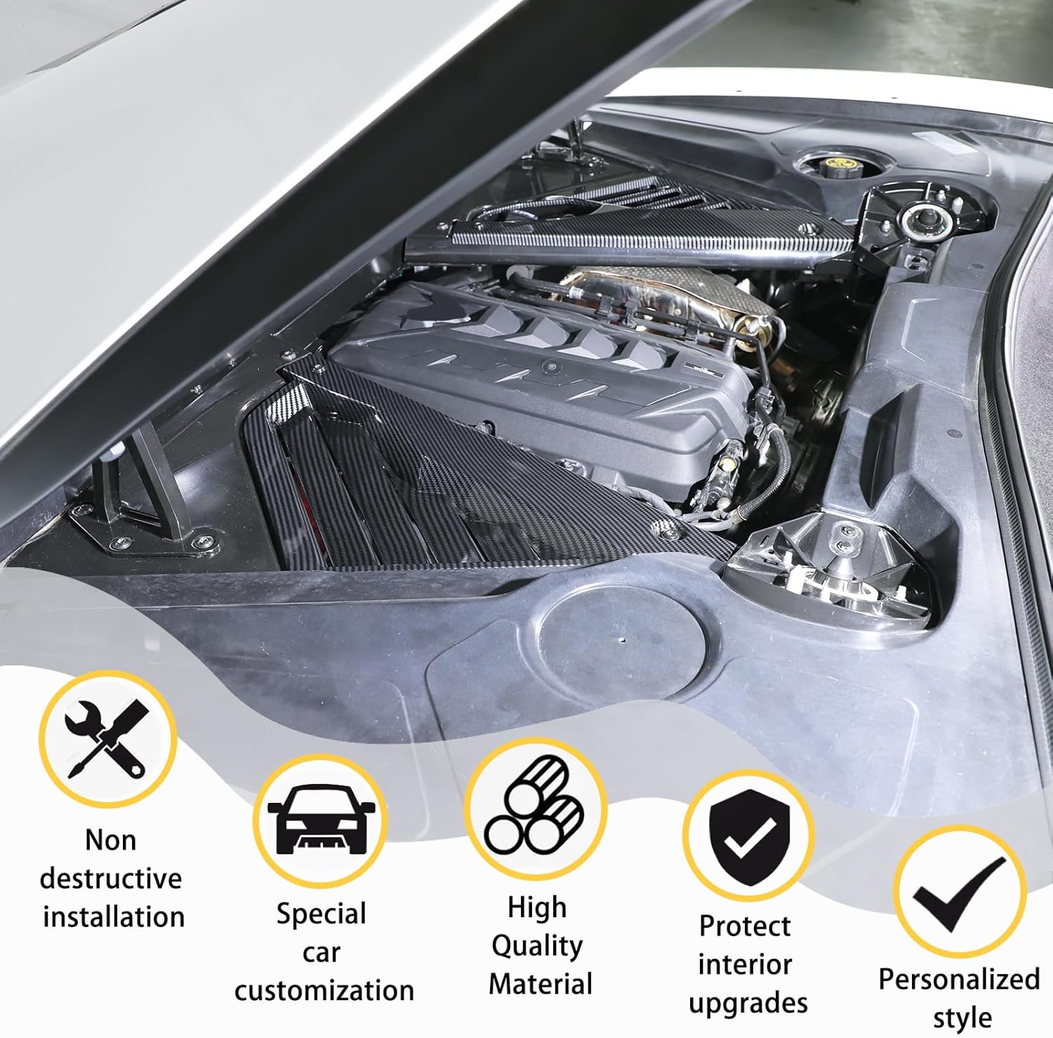 Engine Bay Panel Cover Compatible with Chevrolet Corvette C8 2020-2023, ABS Plastic Rear Engine Covers Left Right Engine Case Guards Protector Splash Shield C8 Accessories (Carbon Fiber Color)