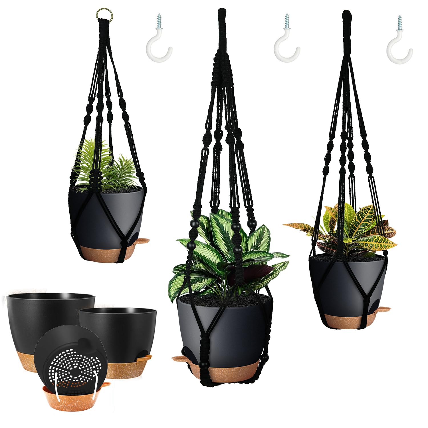 3 Pack Self Watering Hanging Planters Macrame Plant Hangers with Indoor Flower Pots, 3 Different Size Hanging Basket, Plant Hanger with Hooks for Garden Home Decor Black