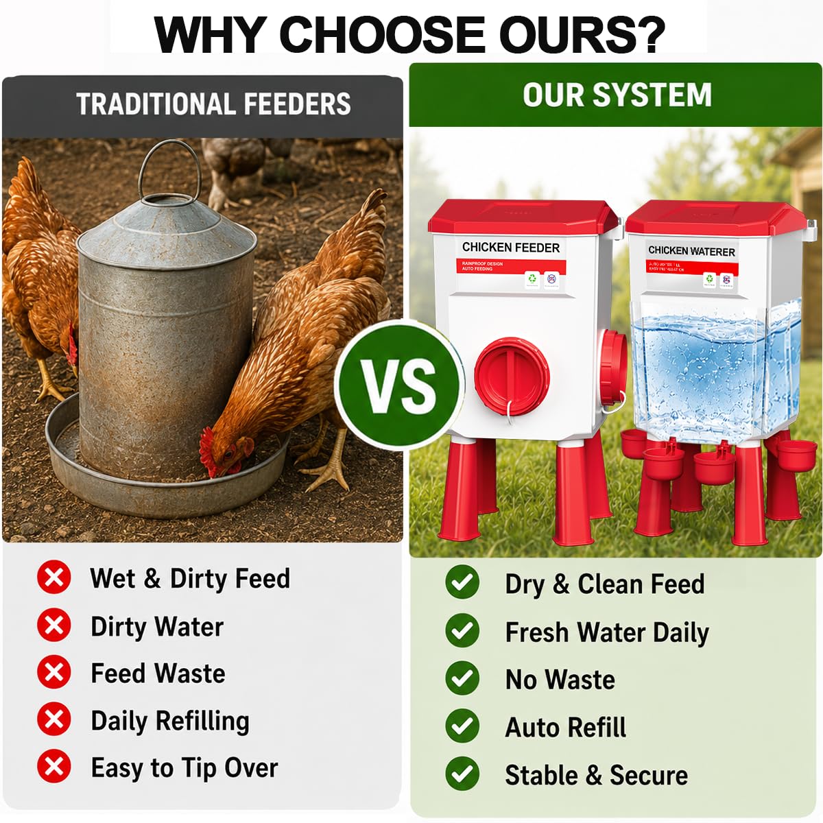 Ensemble mangeoire et abreuvoir pour poulets, système d'alimentation automatique sans déchets, mangeoire de 12 kg et abreuvoir de 11 L, kit de poulailler 4 en 1 avec support de légumes pour