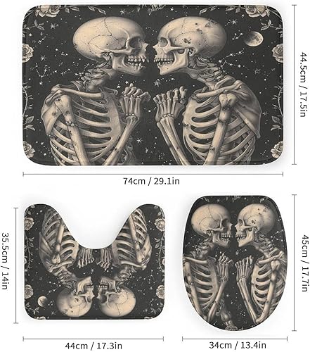 Miniatura 3 de Juego de 4 cortinas de ducha con diseño de esqueleto gótico, diseño de calavera floral de estrella nocturna con tapa de inodoro, tapete en forma de