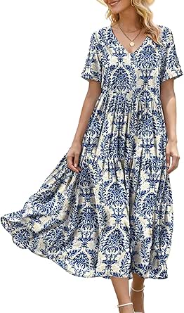 YESNO Women's Summer Maxi Dresses Casual Floral Short Sleeve V-Neck Boho Beach Vacation Swing Dress with Pockets