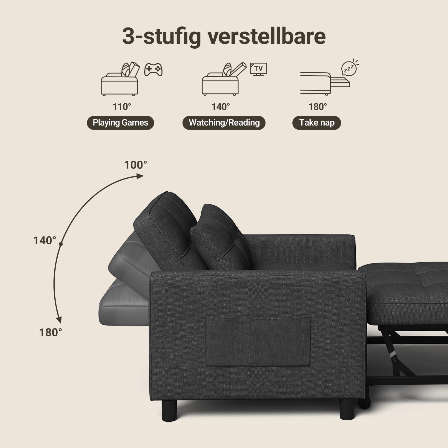 Xbro Poltrona Letto Singolo 3 in 1, Schienale Regolabile, Divano Relax Salvaspazio con Borsa Integrata per Appartamento/Camera da Letto