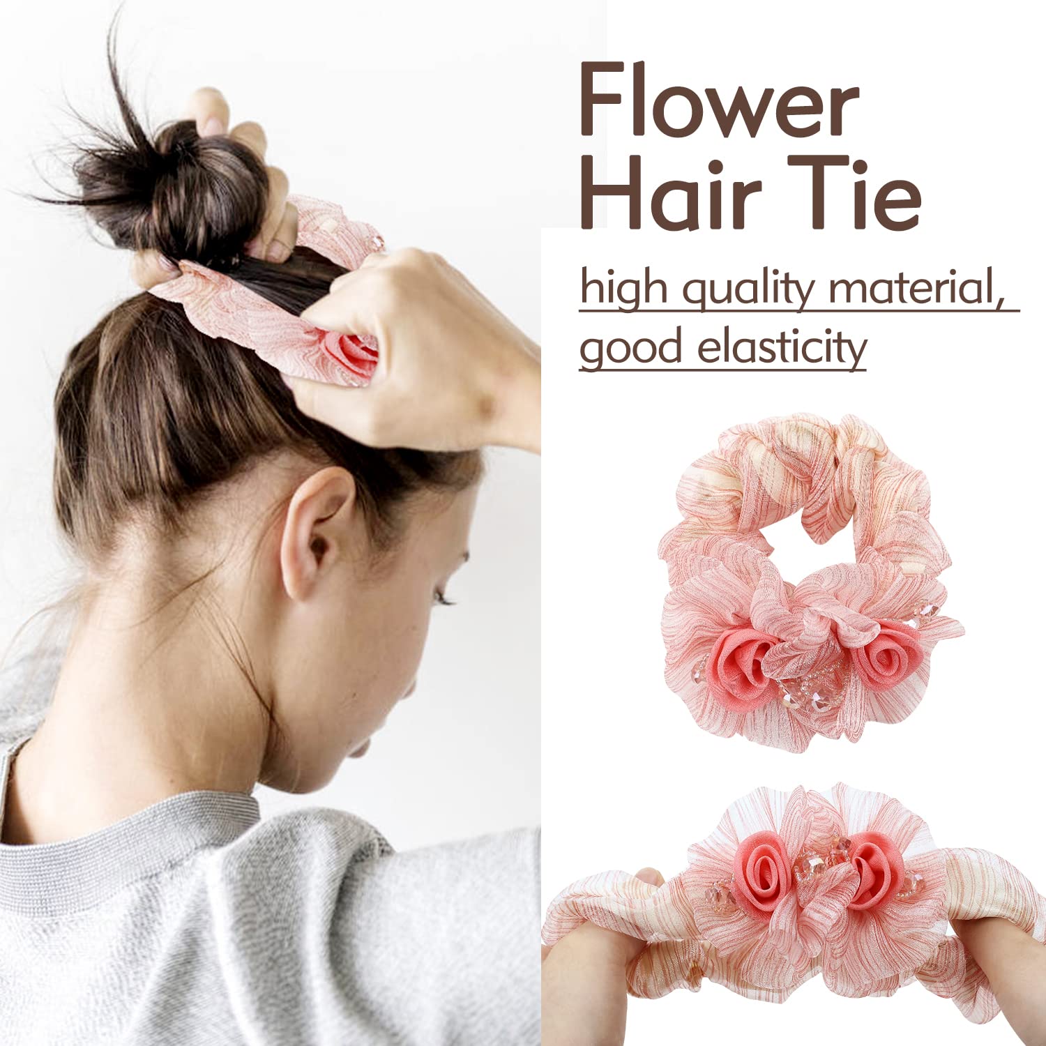 inSowni Paquete de 7 coleteros elásticos de encaje con perlas de cristal con purpurina y rosas para el cabello, bandas elásticas de goma, diademas para coletas de caballo, accesorios florales para