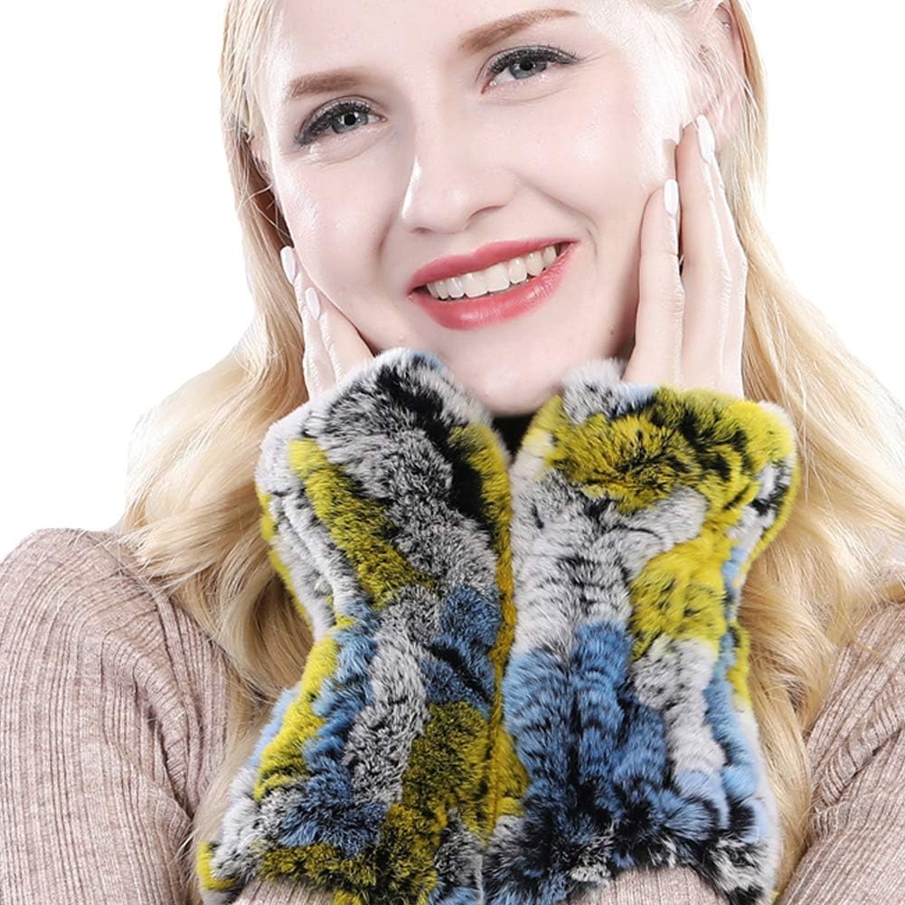 Valpeak Womens Rabbit Fur Winter Mittens Knitted Fingerless Gloves