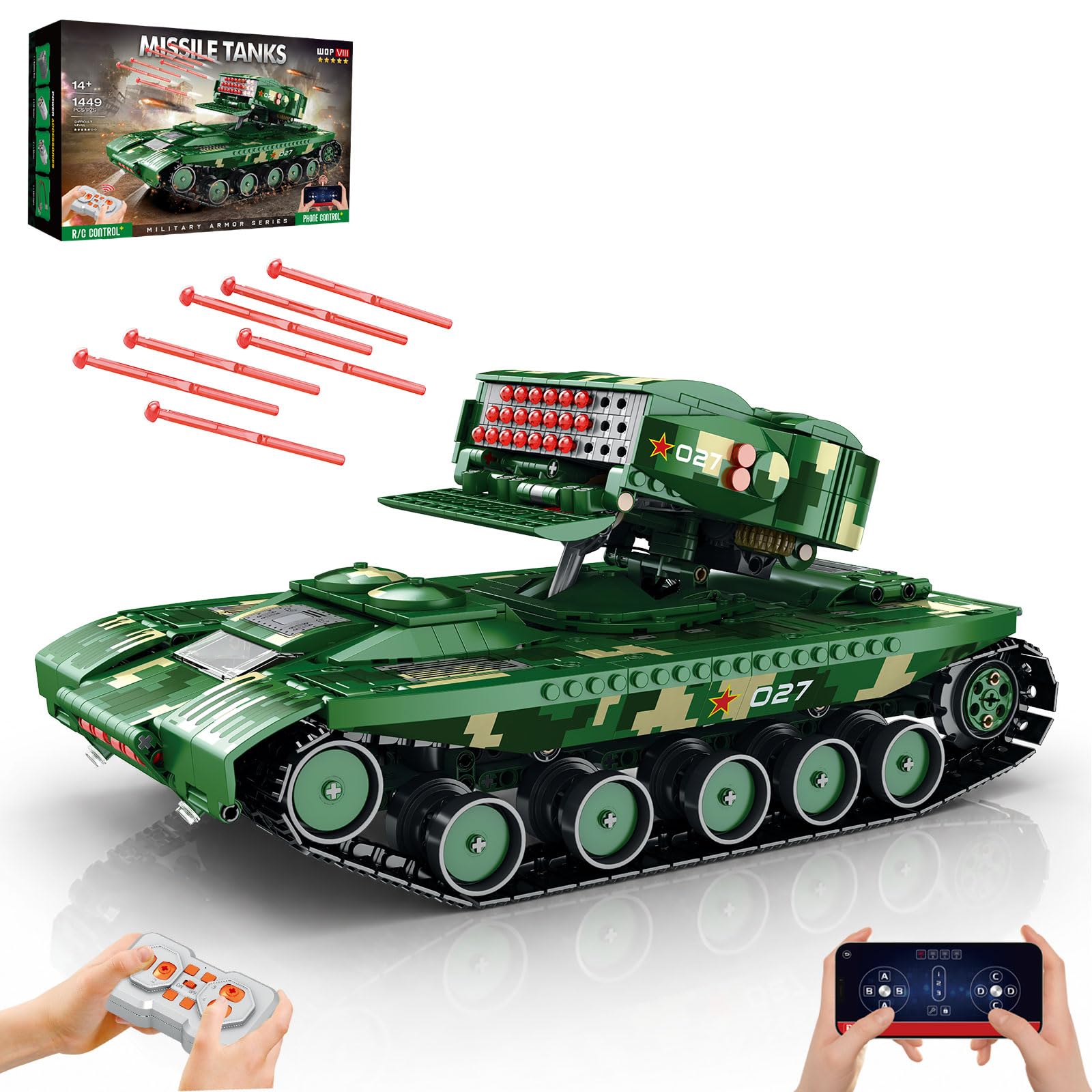 Reobrix RC Tank Building Toy that Shoots for Adults, WW2 Military Missiles Heavy Armed Battle Tanks, 55027 World War II Hobby Fans Vehicle Gift for Boys Man (1449 PCS)