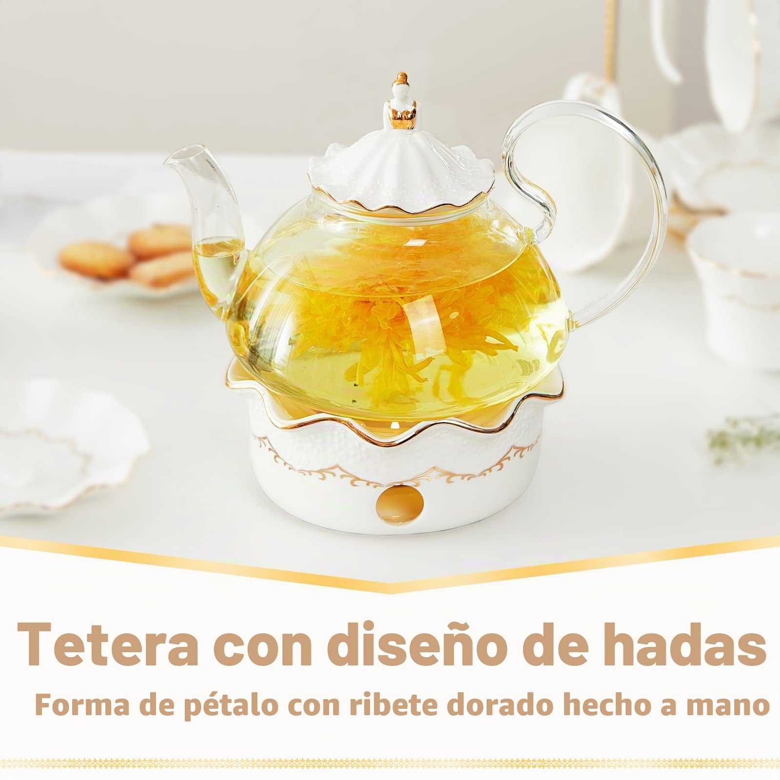 DUJUST Tetera Cristal de 1200ml con Calentador, Diseño de Lujo con Decoración en Relieve y Adornos Dorados, Tetera Transparente Artesanal con Infusor, Regalo y Decoración Seguro para la Estufa