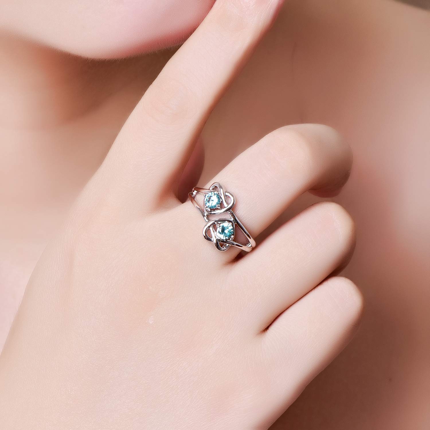 Emsione 925 Sterling Silver Plated Created Blue Topaz Round Brilliant CZ Cut 2 Heart Knot Anniversary Wedding Engagement Ring Band Size 8 Color Light Blue