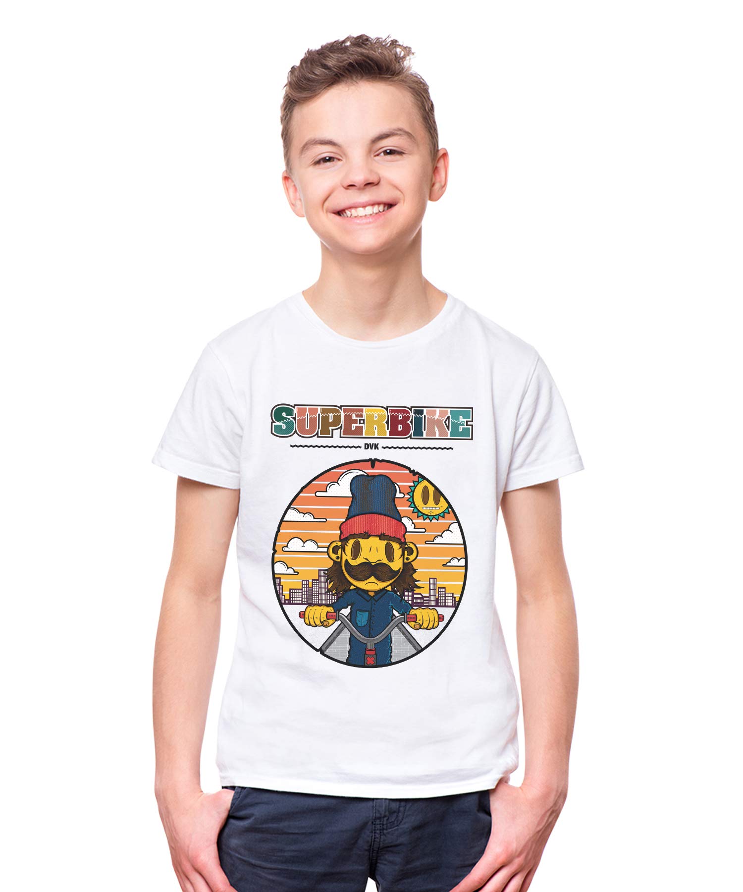 THREADCURRYSuperbike | Cool Hip Style Urban Cotton Graphic Printed Tshirt for Boys White