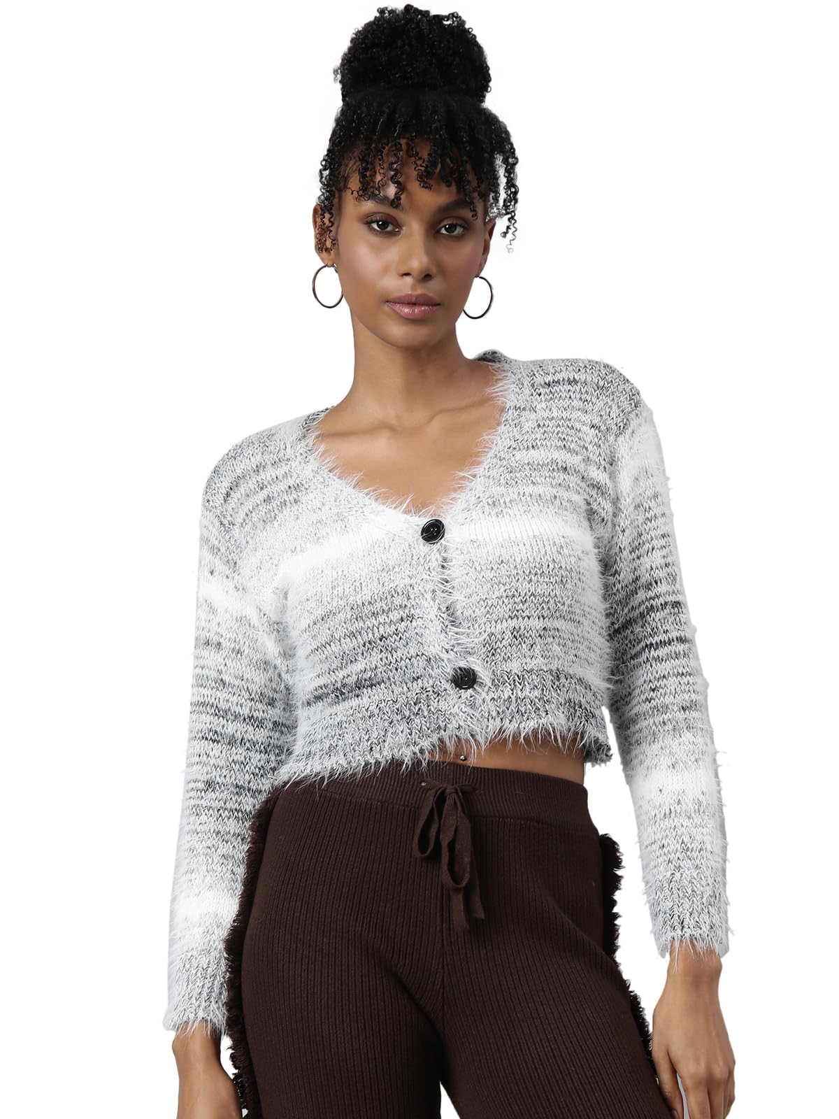 showoffff Women Textured Cardigan Sweater | V Neck Full Sleeves Fur Sweaters for Womens | Regular Fit Crop Sweater for Women's-picture-41