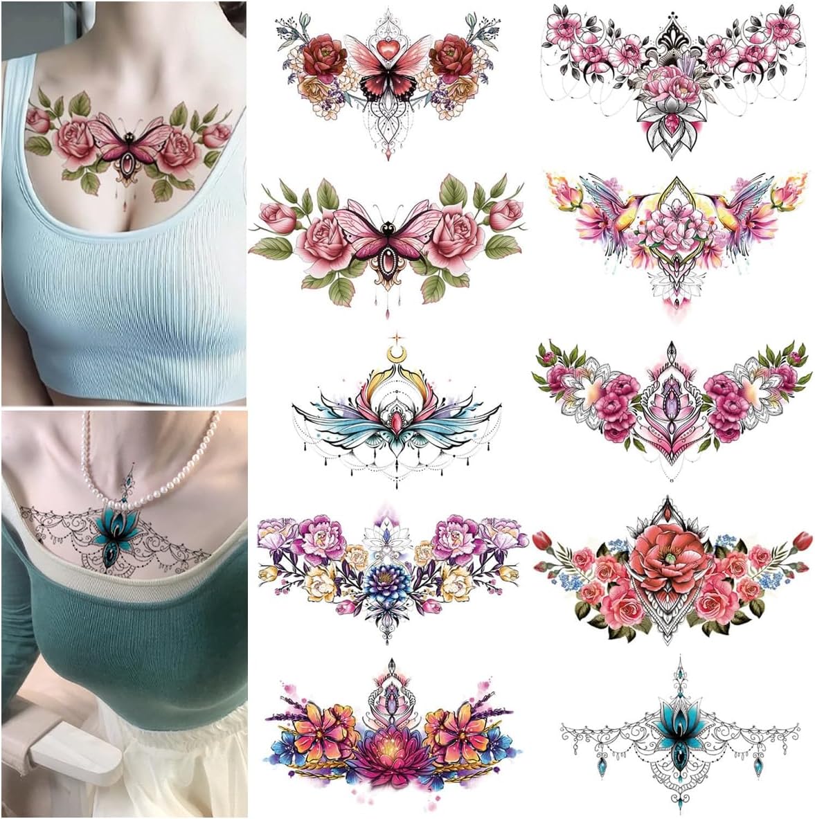 MAYCREATE® 10 Sheet Floral Tattoo Sticker Large Temporary Tattoo for Women, Rose Flower Haif Arm Band Tattoo, Waterproof Enchanting Body Art Tattoo Stickers for Neck, Waist, Back