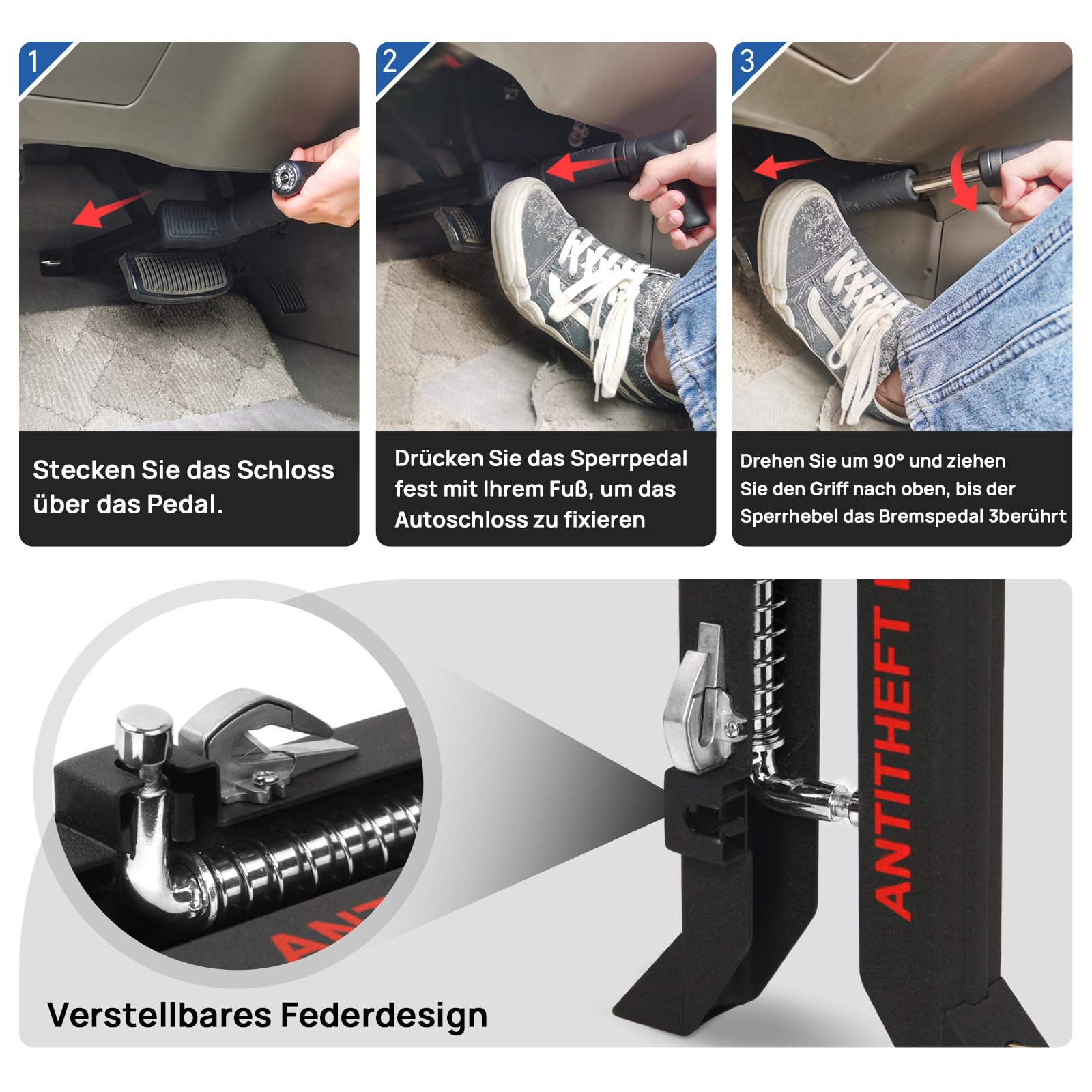 Pedalschloss Diebstahlsicherung für Auto Bremse Kupplung, Schwerer Edelstahl Wegfahrsperre, Bremssperre und Kupplungssperre für Auto SUV (V15)