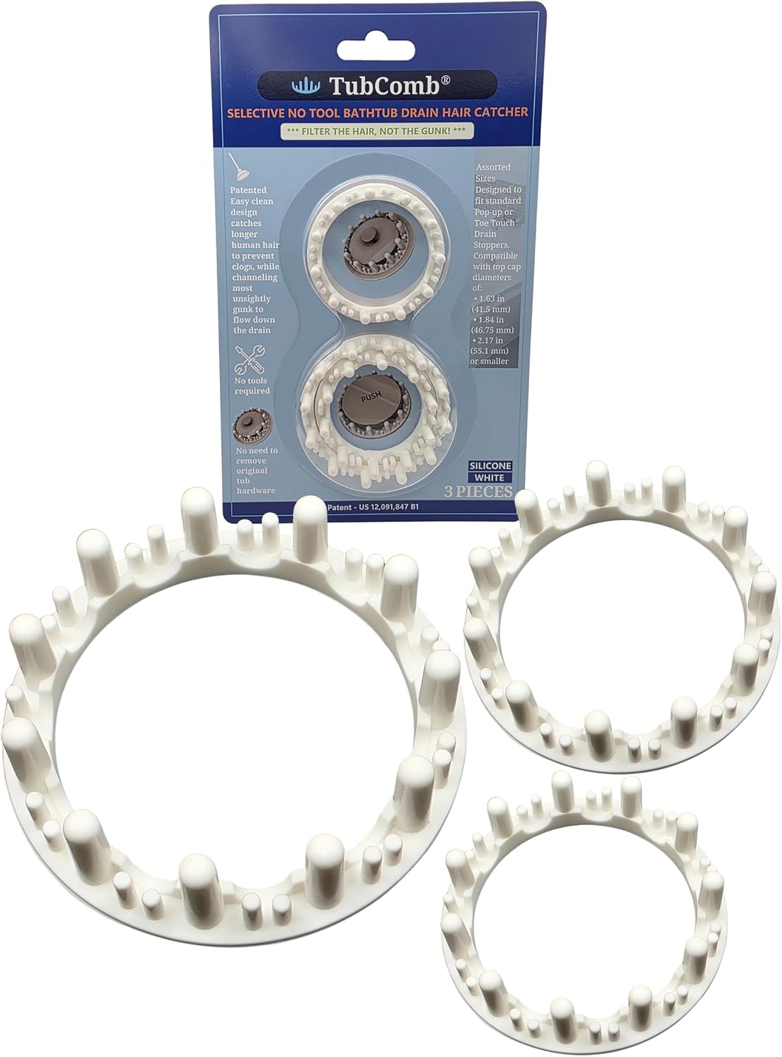 Bathtub Drain Hair Catcher, Debris Diverter Design, 3 Pack, Fits Lift & Turn, Toe Touch, Pop Up Drains 1.63" to 2.17", No Crevices to Trap Debris Like Other Tub Drain Hair Catchers