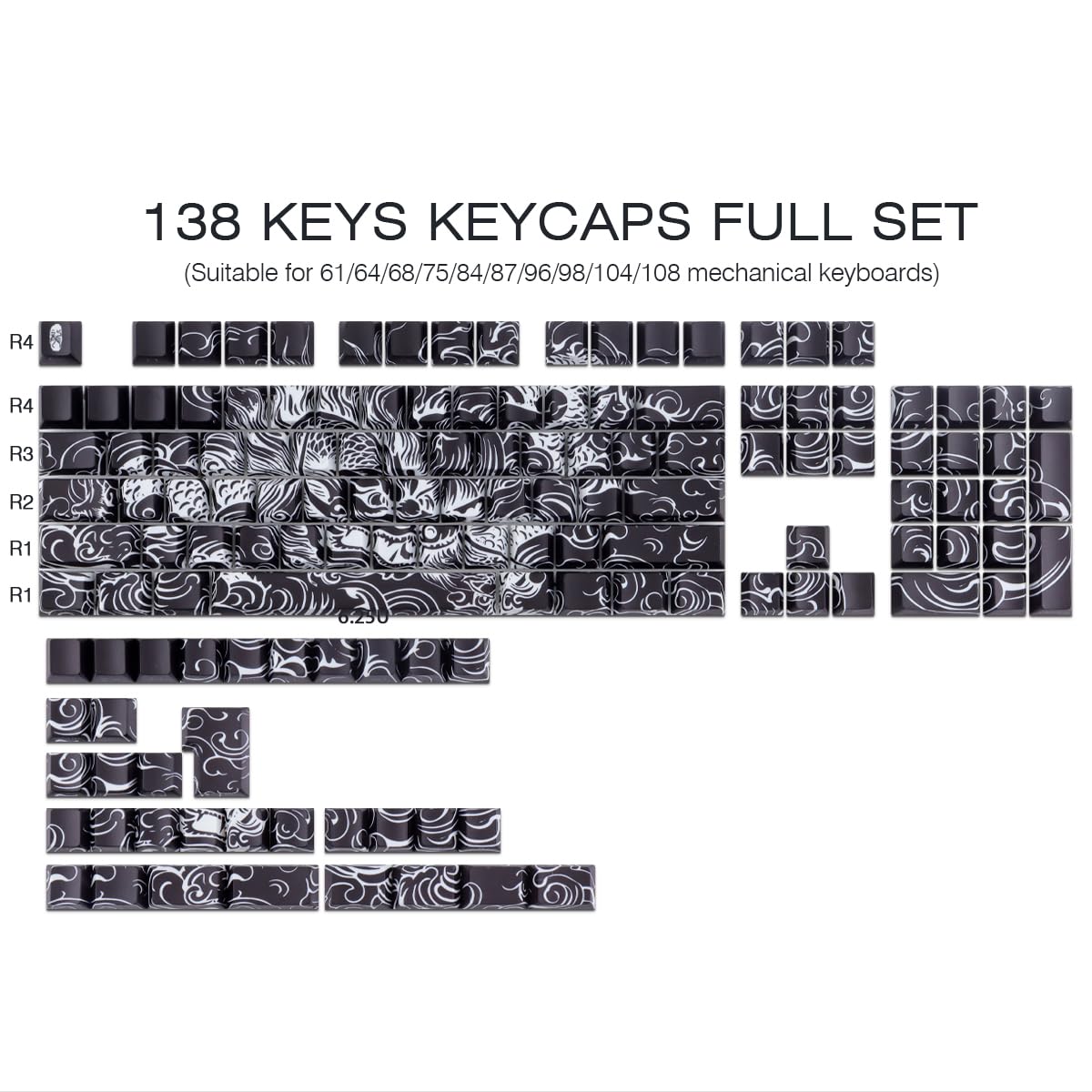Sunzit PBT Keycaps, 138 teclas, negro Cherry Profile Dye-Sub Keycaps, set con barra espaciadora de 6,5 U, diseño de dragón, teclas personalizadas para interruptores MX mecánicos, teclado de gaming