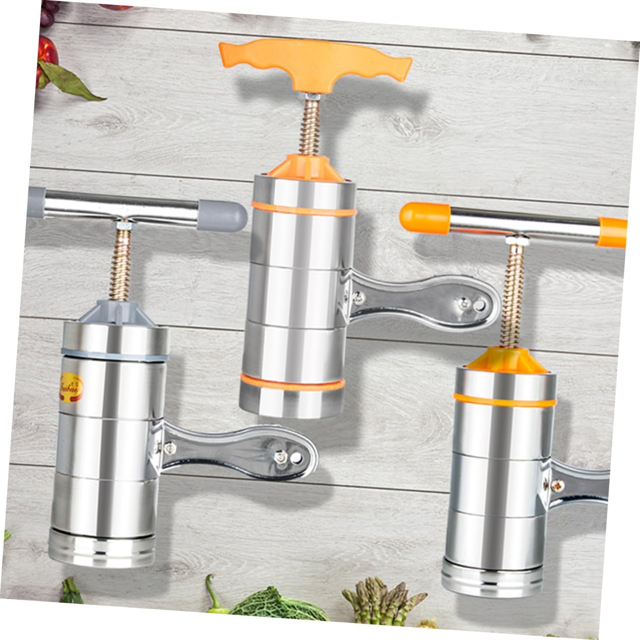 NUOBESTY 5pcs Multi-function Hand-operated Noodle Maker Stainless Steel Kitchen Pasta Press with Molds Portable Household Noodle Machine for Home and Restaurant Use Orange Handle
