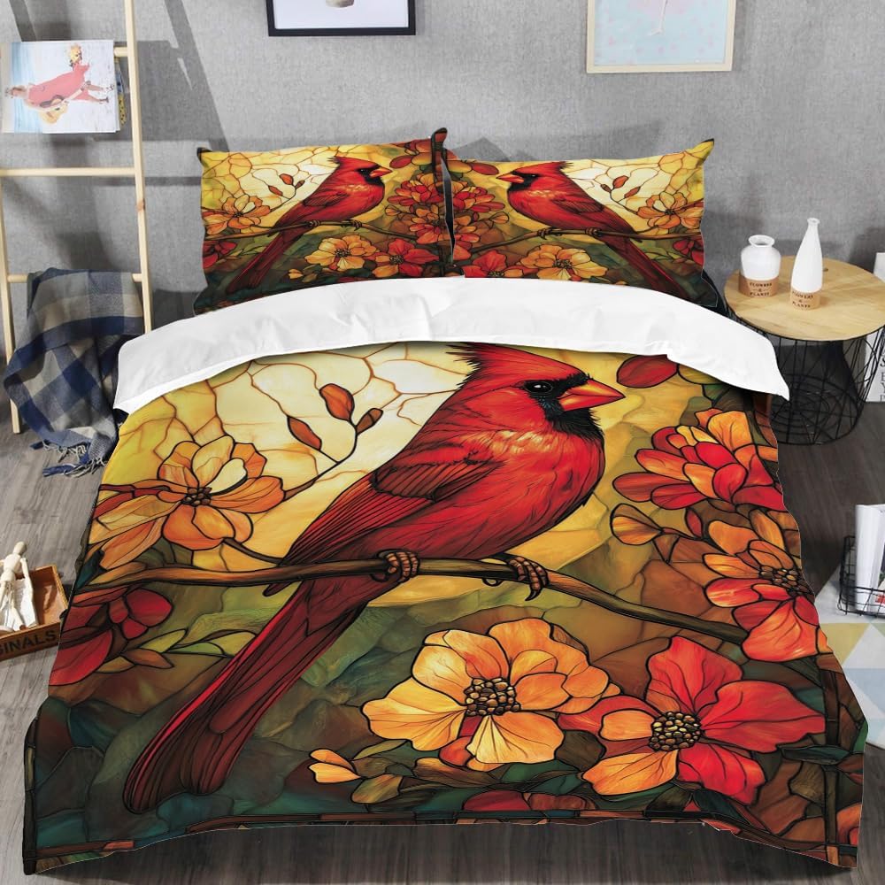 Stained Glass Style Cardinal Bedding Set - Twin Full Queen King Size - Ultra Soft Lightweight Bird Quilt for All Seasons - Holiday Microfiber Xmas Bedroom Decor - Cardinal Gifts