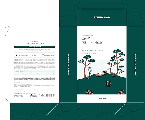 Miniatura 8 de ROUND LAB Pine Calming Cica Sheet Mask 10ea, mascarilla refrescante y calmante para piel calentada y propensa al acné, diseño de orificio de aire de