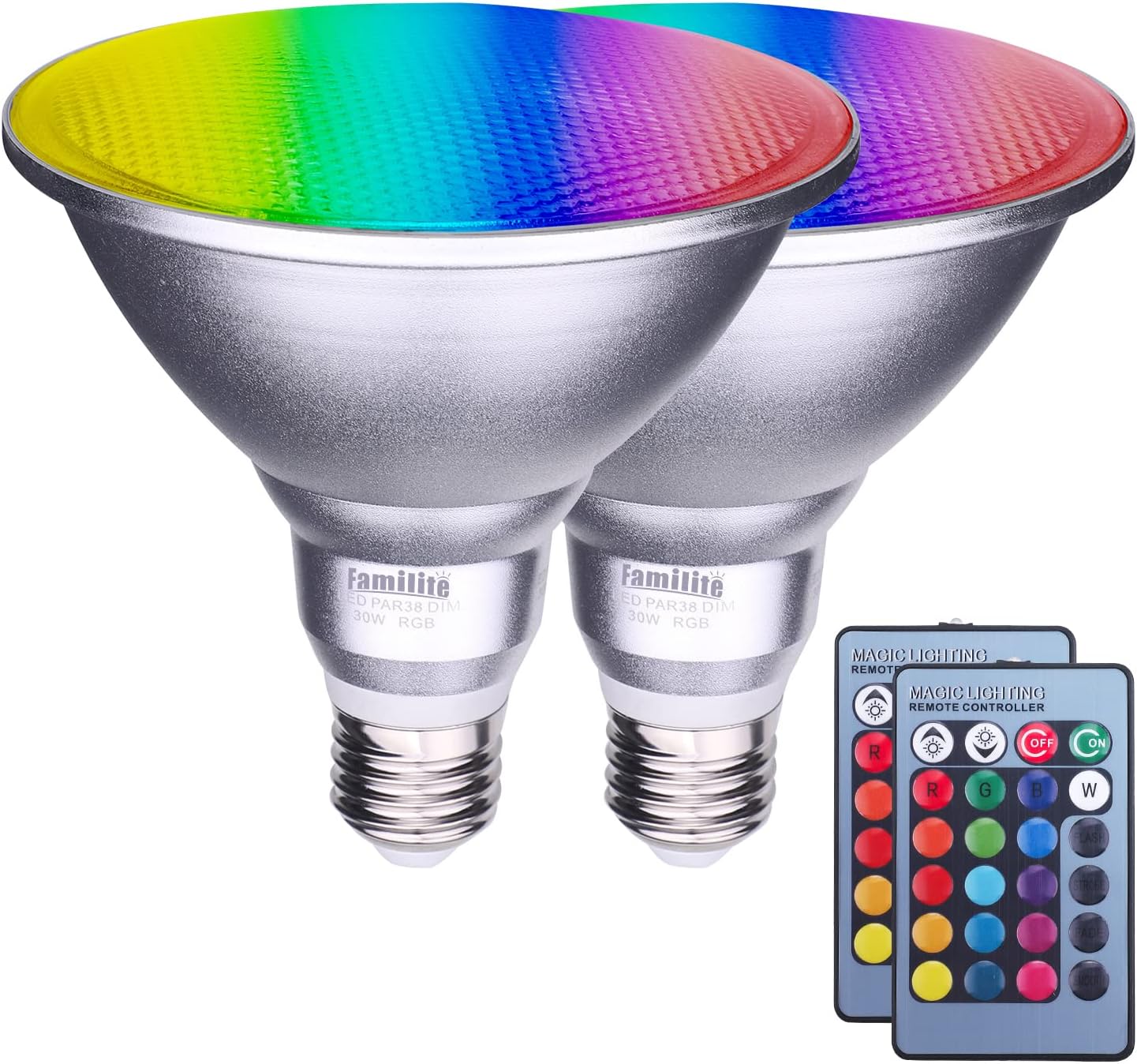 PAR38 LED Floodlight Bulb, 30W Color Changing Light Bulb, Remote Controlled RGB Landscape Light, Dimmable E27 Based Waterproof Lawn Lamp for Holiday Party Courtyard Decor (2pcs)