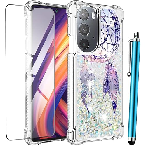 for Motorola Edge Plus 2022 Case,Moto Edge Plus 5G UW 2022 Case with Tempered Glass Screen Protector,Women Girls Glitter Liquid Bling Floating Quicksand Cute Soft TPU Phone Cover for Moto Edge+ 2022