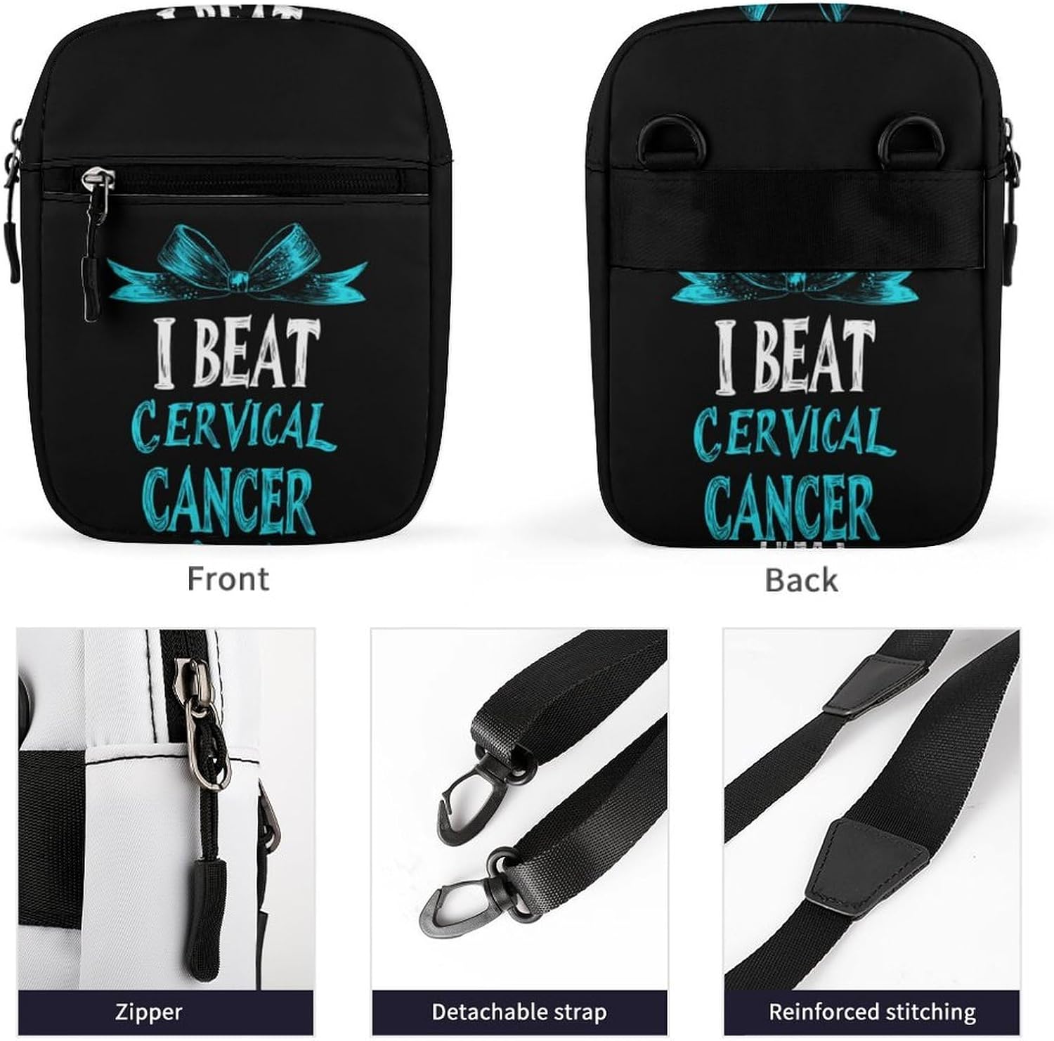 Cervical Cancer Warrior Small Crossbody Bag Sling Shoulder Satchel | for women men,work travel workout,detachable and adjustable shoulder strap