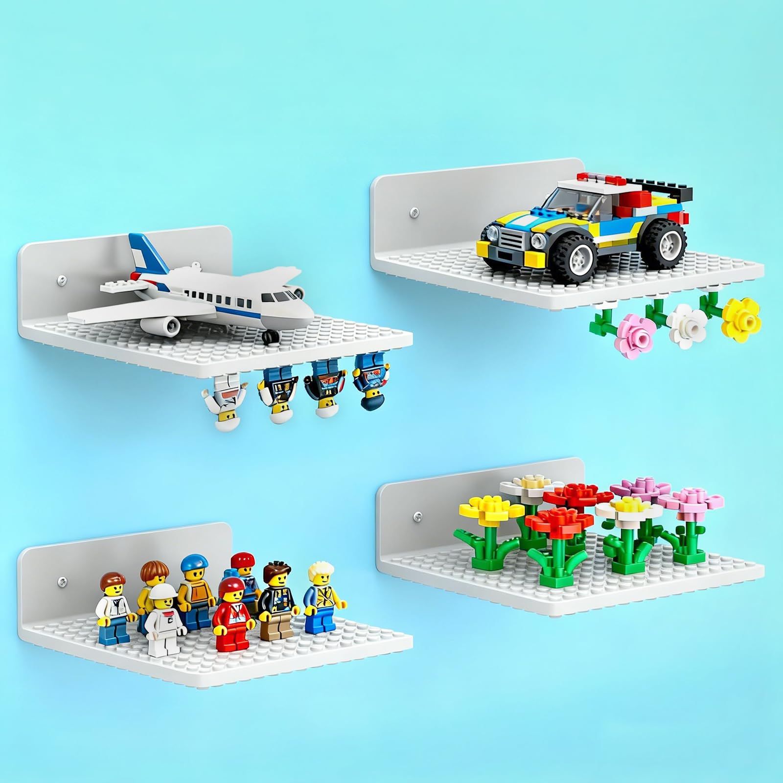 4 Pack Shelves Floating for Lego Building Bricks, Dual‑Sided 16x16 Studs for Lego Brick, Floating Shelves for Wall, Storage, Shelf & Display Case Wall Mount Compatible with Most Building Bricks(White)