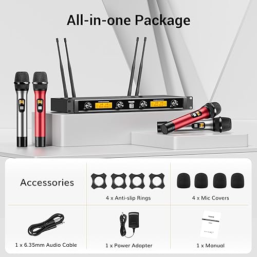 Miniatura 9 de TONOR Sistema de micrófonos inalámbricos con canales de 4 x 10 micrófonos dinámicos de mano, 4 antenas para micrófono de larga distancia de 295 pies