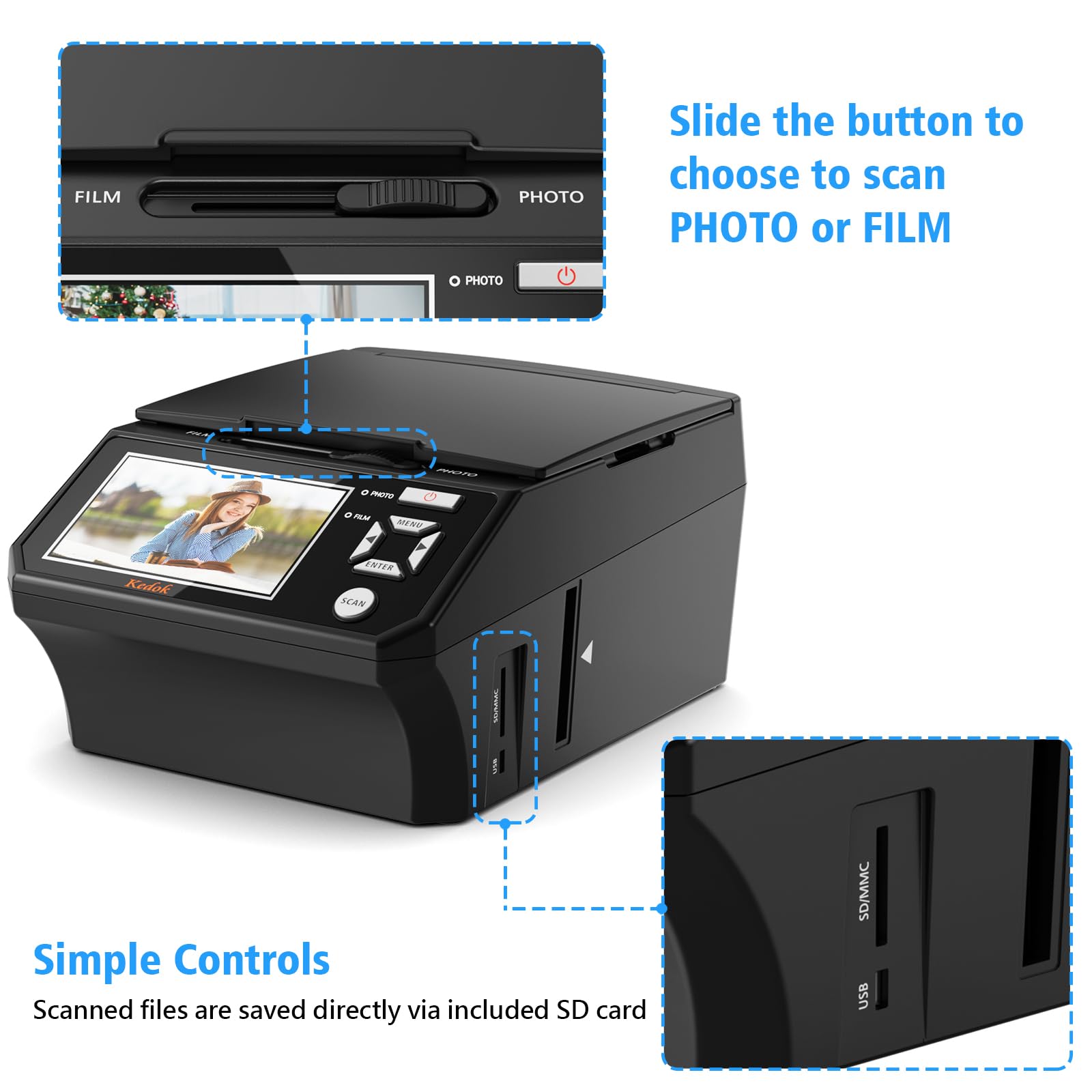 Scanner multi-photos pour photos, diapositives et négatifs, scanner photo à numériser avec grand écran LCD de 5, convertir 35 mm, 110 films/photo/carte de visite en JPEG numérique 22 MP