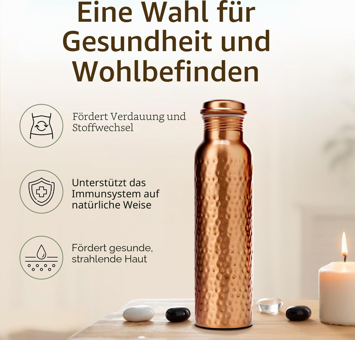 Handgehämmerte Wasserflasche aus reinem Kupfer 950 ml – Ayurvedische, auslaufsichere Sport-Trinkflasche BPA-freie, große Wasserflasche für Yoga, Reisen und Büro Canvas-Tasche, Bürstenset