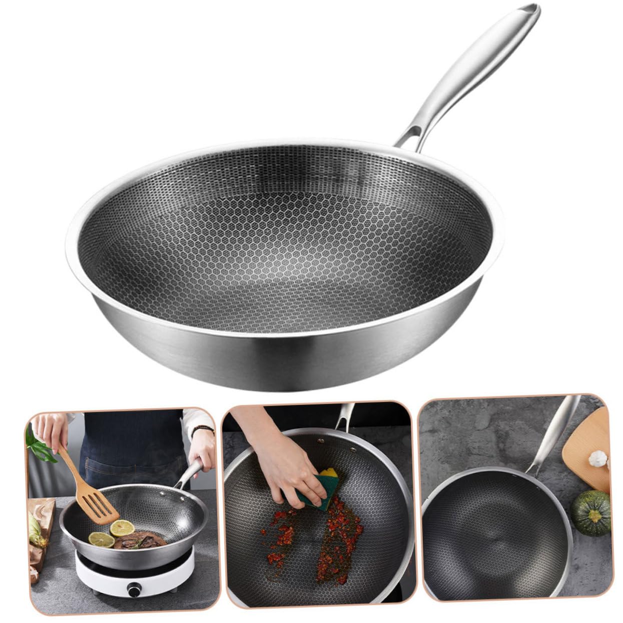 Zerodeko Wok Ménager en Acier Inoxydable Design Épaissi et Revêtement Texturé Antirayures, Poêle pour Cuisinière Électrique la Cuisine Quotidienne